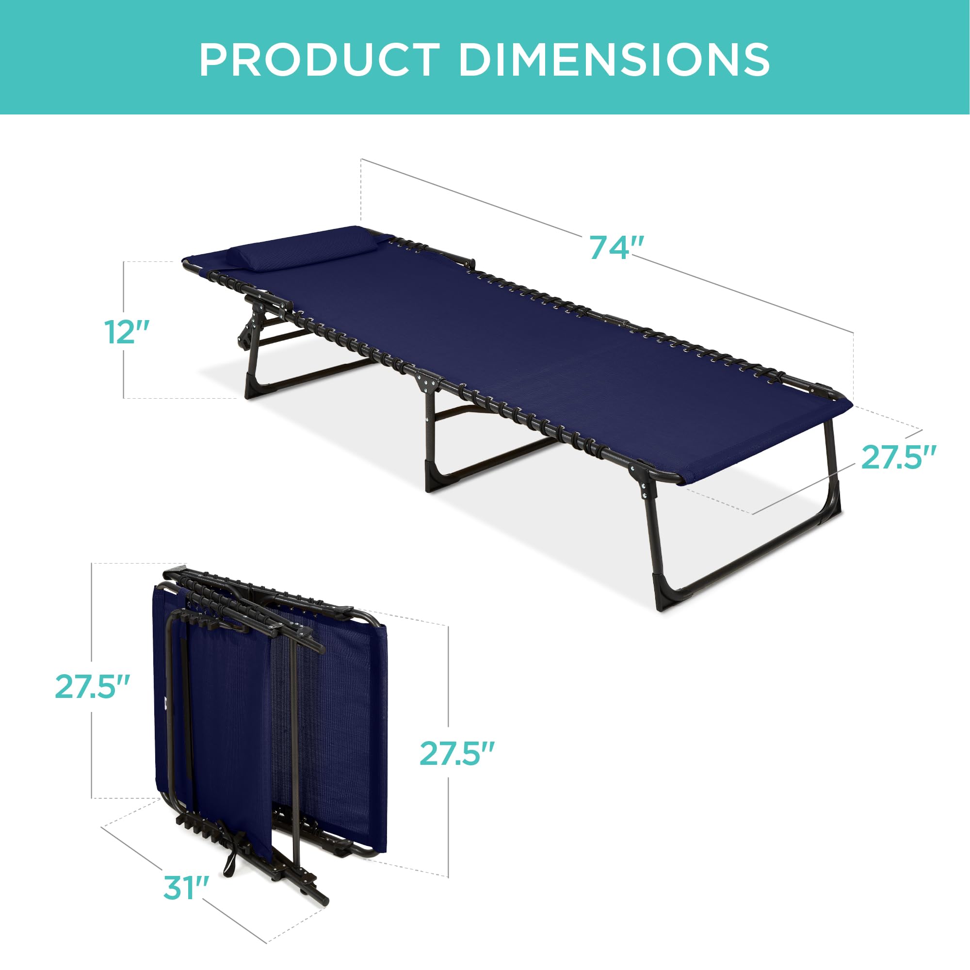 Best Choice Products Patio Chaise Lounge Chair - Portable Outdoor Folding Recliner with 8 Adjustable Positions & 300lb Weight Capacity - Perfect for Backyard, Poolside, Beach & Camping - Navy Blue