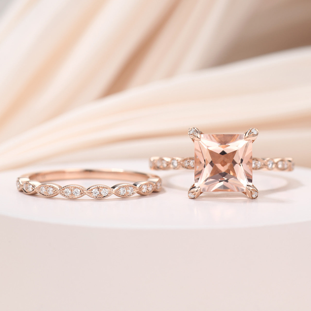 14K Rose Gold Princess Cut Morganite Hidden Diamond Halo Wedding Ring Set - Elegant Bridal Jewelry for Engagement, Proposal & Anniversary Gifts