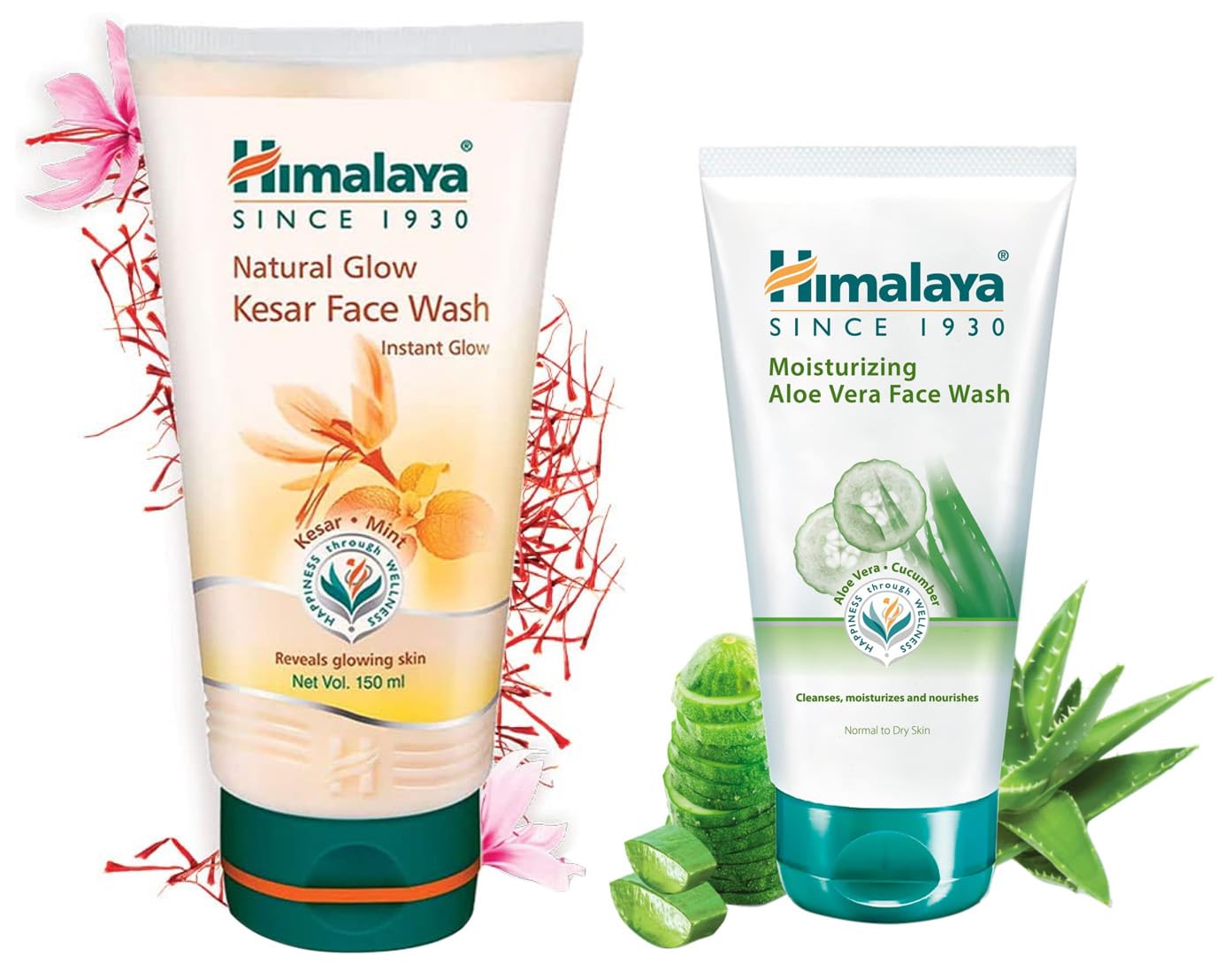 Himalaya Natural Glow Kesar Face Wash 150ml & Himalaya Herbals Moisturizing Aloe Vera Face Wash 100ml - Brightening & Hydrating Cleanser for Daily Skincare Routine