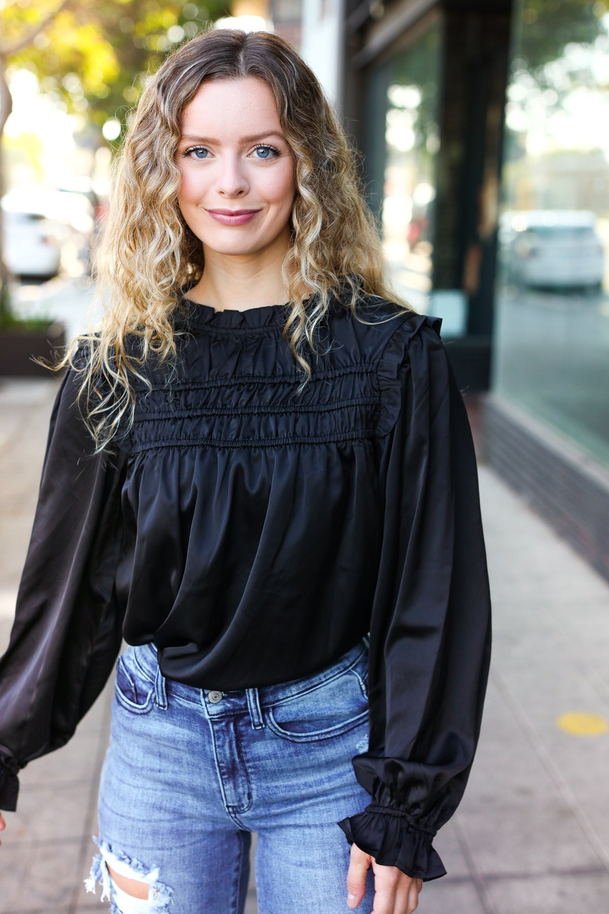 Black Satin Shirred Yoke Frilled Mock Neck Top for Women - Elegant Party & Evening Wear