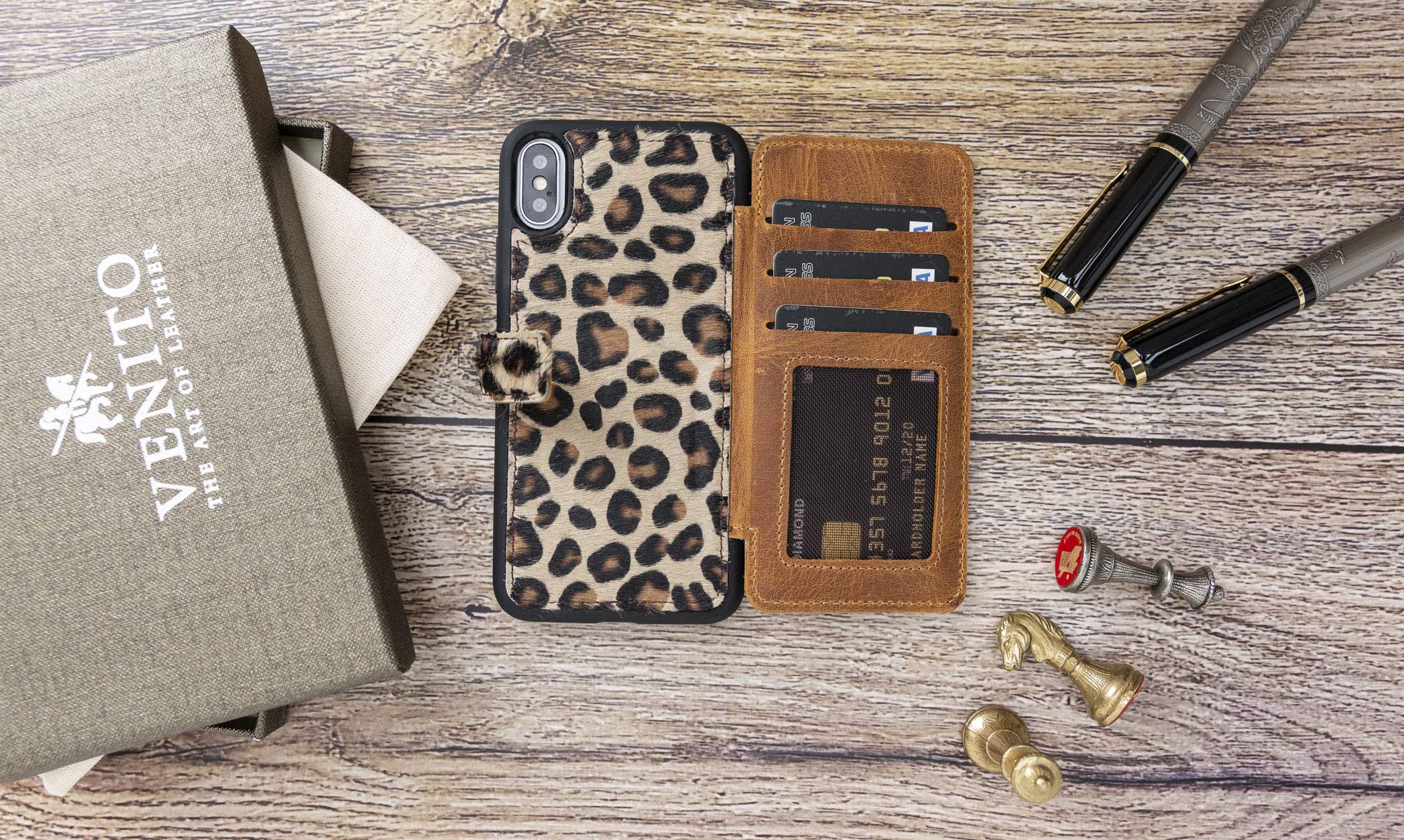 Venito Verona Genuine Leather iPhone X/XS (5.8 inch) Wallet Case with RFID Blocking - Slim Flip Cover with Card Slots - Faux Fur Leopard Print Design - Perfect for Everyday Use & Travel Protection