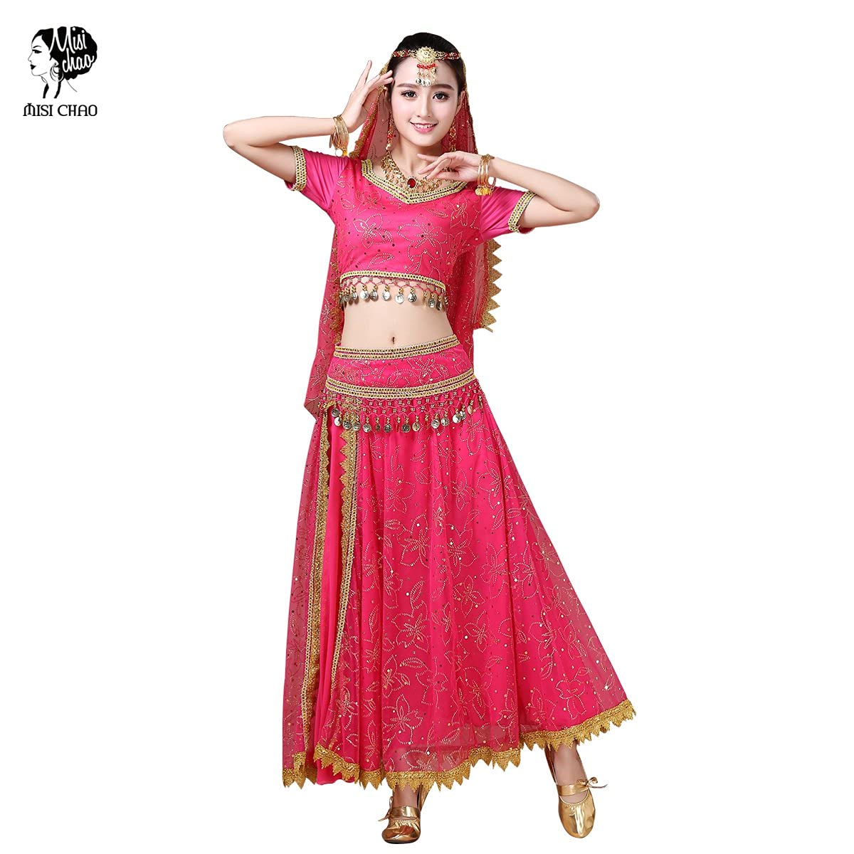 Elegant MISI CHAO Belly Dance Costume - Bollywood Chiffon Dress with Head Veil for Women | Perfect for Halloween, Dance Performances & Cultural Events