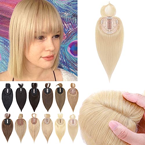 Premium 130% Density Human Hair Toppers with Bangs | Hand-Tied Silk Base Clip-In Hairpiece for Women | Thinning Hair & Hair Loss Solution | Gray Hair Coverage | 18 Inch 57g Bleach Blonde | Perfect for Daily Wear, Special Occasions & Confidence Boosting Styling