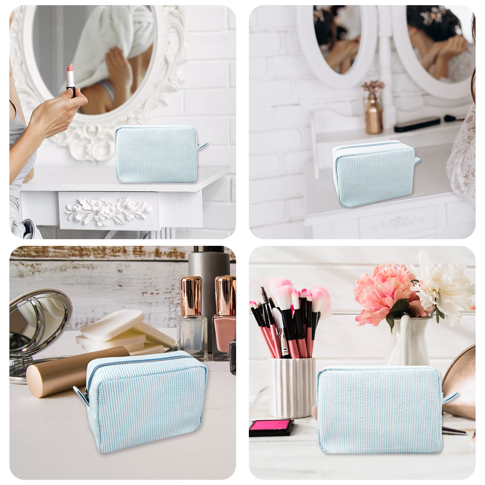 Cute Lightweight Makeup Bag for Women - Seersucker Cosmetic Organizer, Perfect Gift for Girls & Moms - Travel & Daily Use