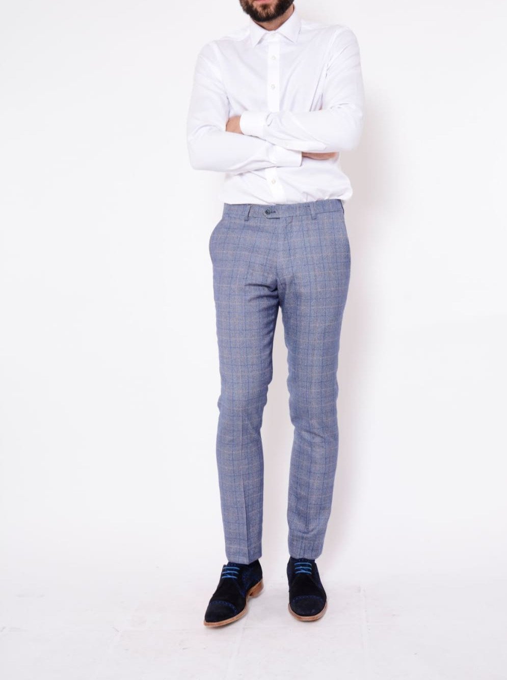 Marc Darcy Harry Blue Tweed Check Suit Trousers for Men - Classic British Style Formal Pants for Weddings, Business Meetings & Office Wear