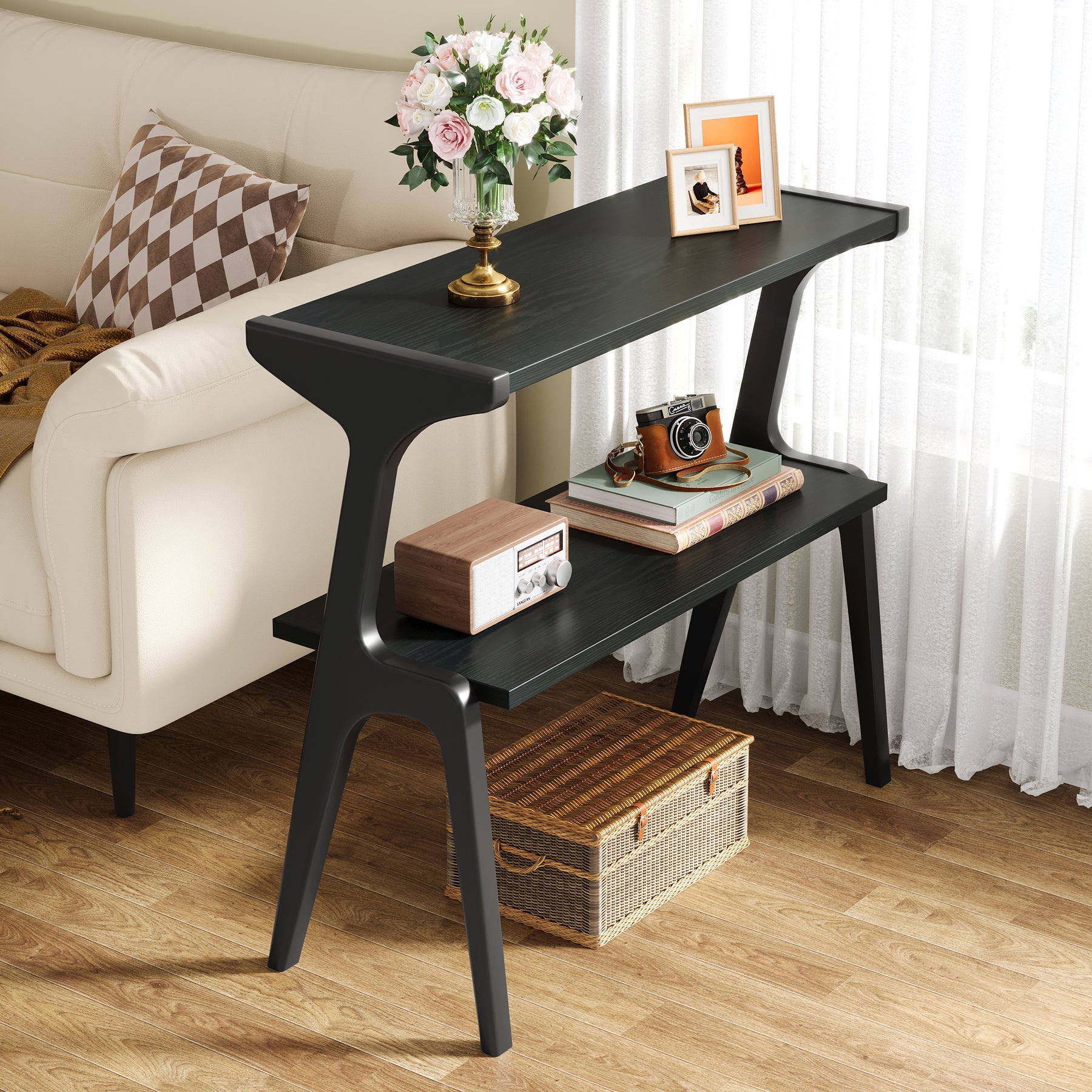 Solid Wood End Table with Storage Shelf - 2 Tier Sofa Side Table for Living Room, Bedroom & Office - Rustic Home Decor & Functional Furniture