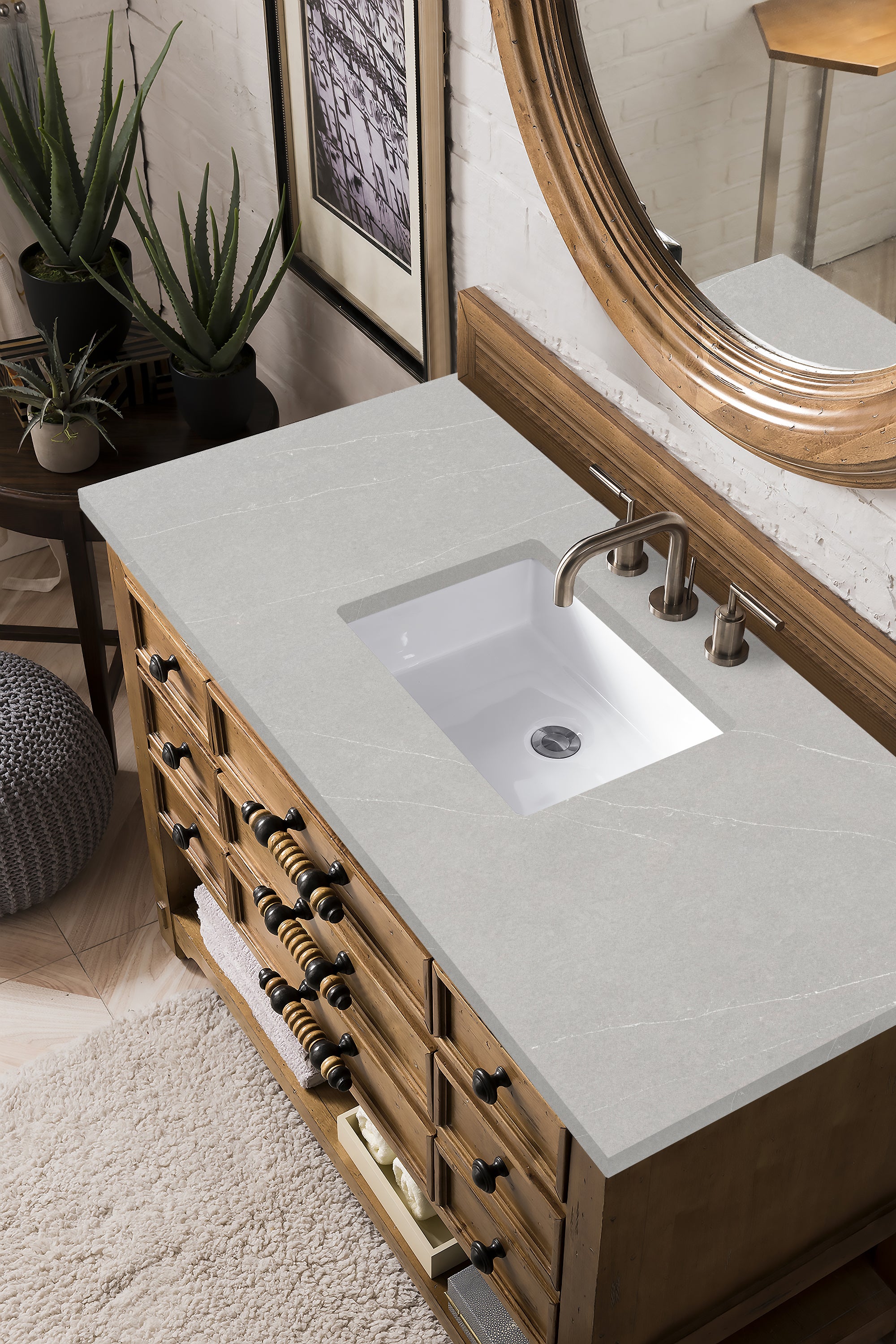 Malibu 48 Inch Single Bathroom Vanity with 3CM Eternal Serena Quartz Top in Honey Alder - Perfect for Modern Master Bathrooms and Guest Bathroom Renovations