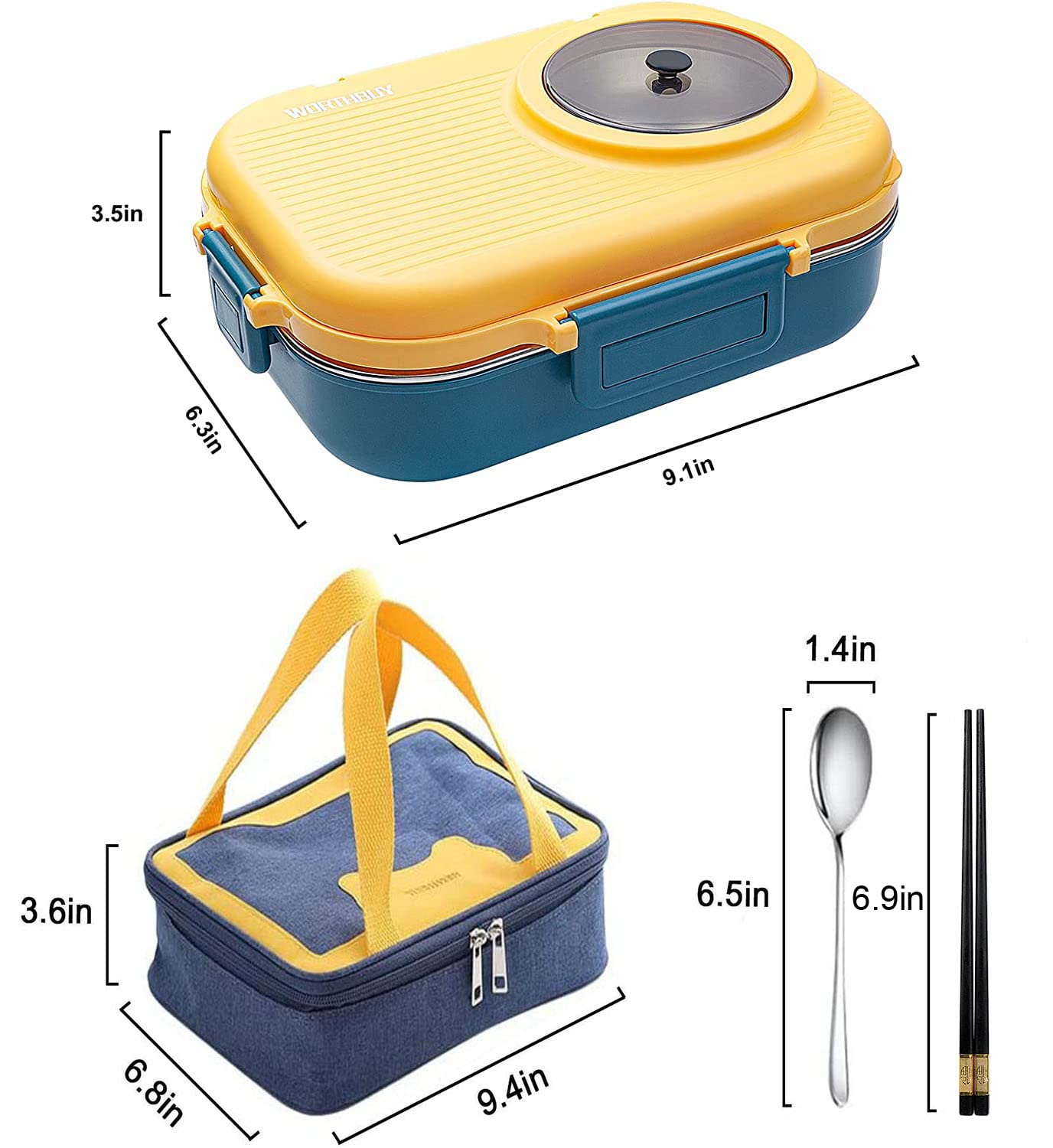 Stainless Steel Bento Box with Insulated Lunch Bag - 900ml Leak-Proof Lunch Container & 200ml Soup Bowl - Eco-Friendly Blue & Yellow Meal Prep Set for Work, School & Picnics