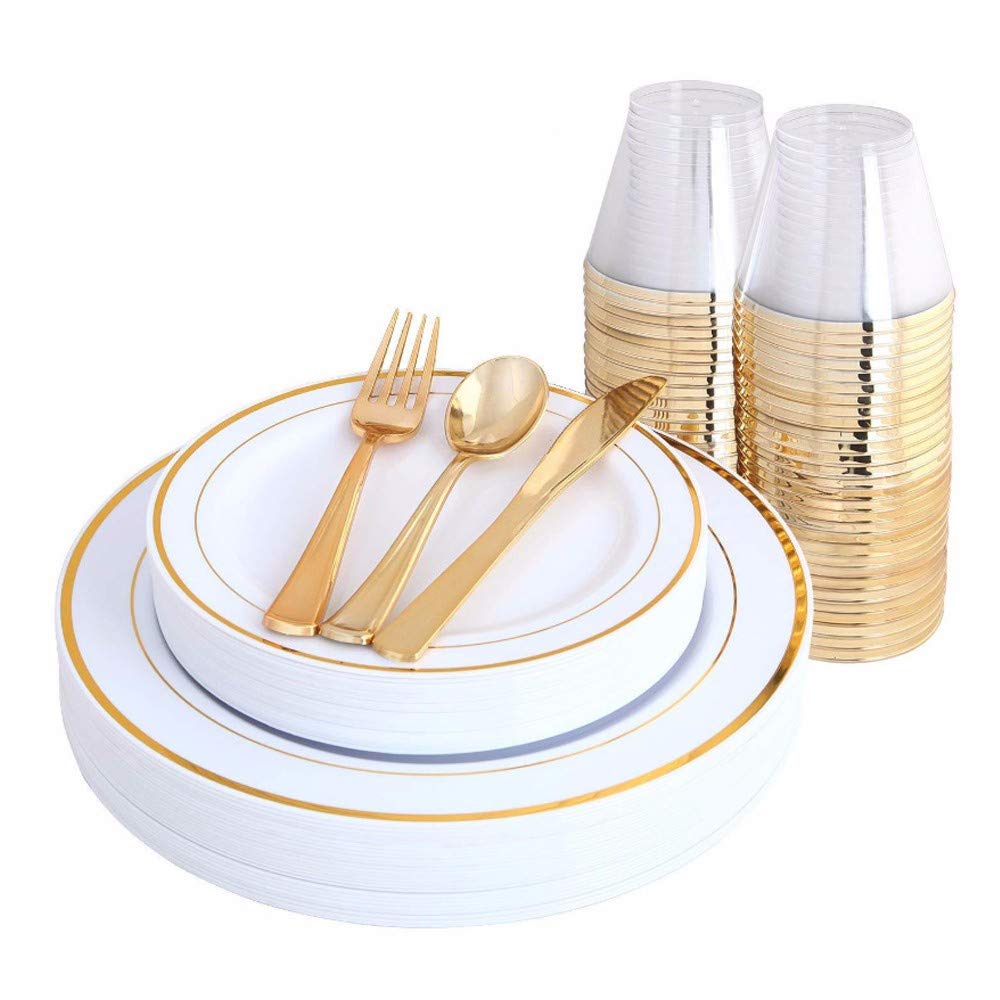 DLRUIHENGXIANGMU 150-Piece Disposable Gold Plastic Dinnerware Set - 25 Dinner Plates, 25 Dessert Plates, 25 Forks, 25 Knives, 25 Spoons & 25 Cups - Elegant Party Tableware for Weddings, Birthdays & Events