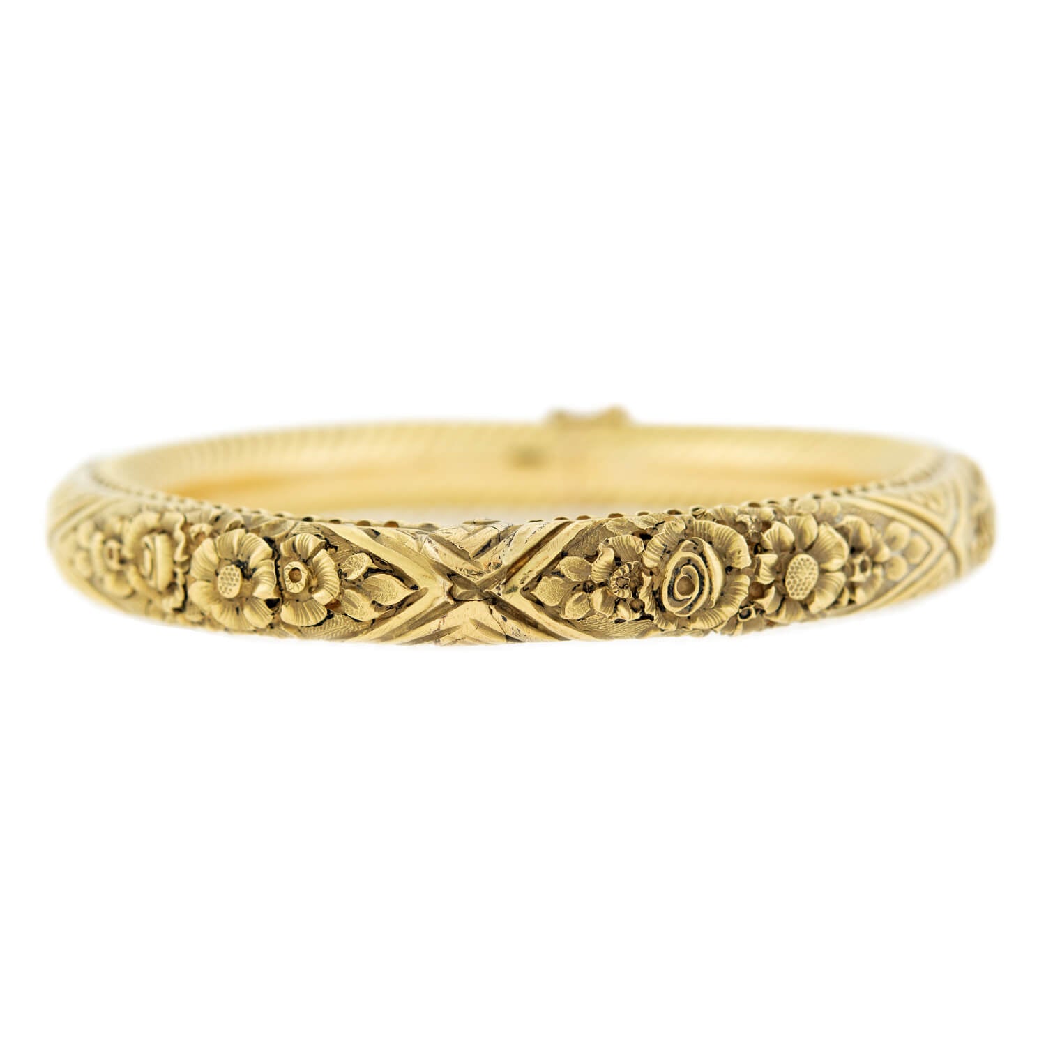 Victorian Style 18k Gold Repoussé Hinged Bangle Bracelet - Elegant Antique Jewelry for Women, Perfect for Weddings, Parties & Special Occasions