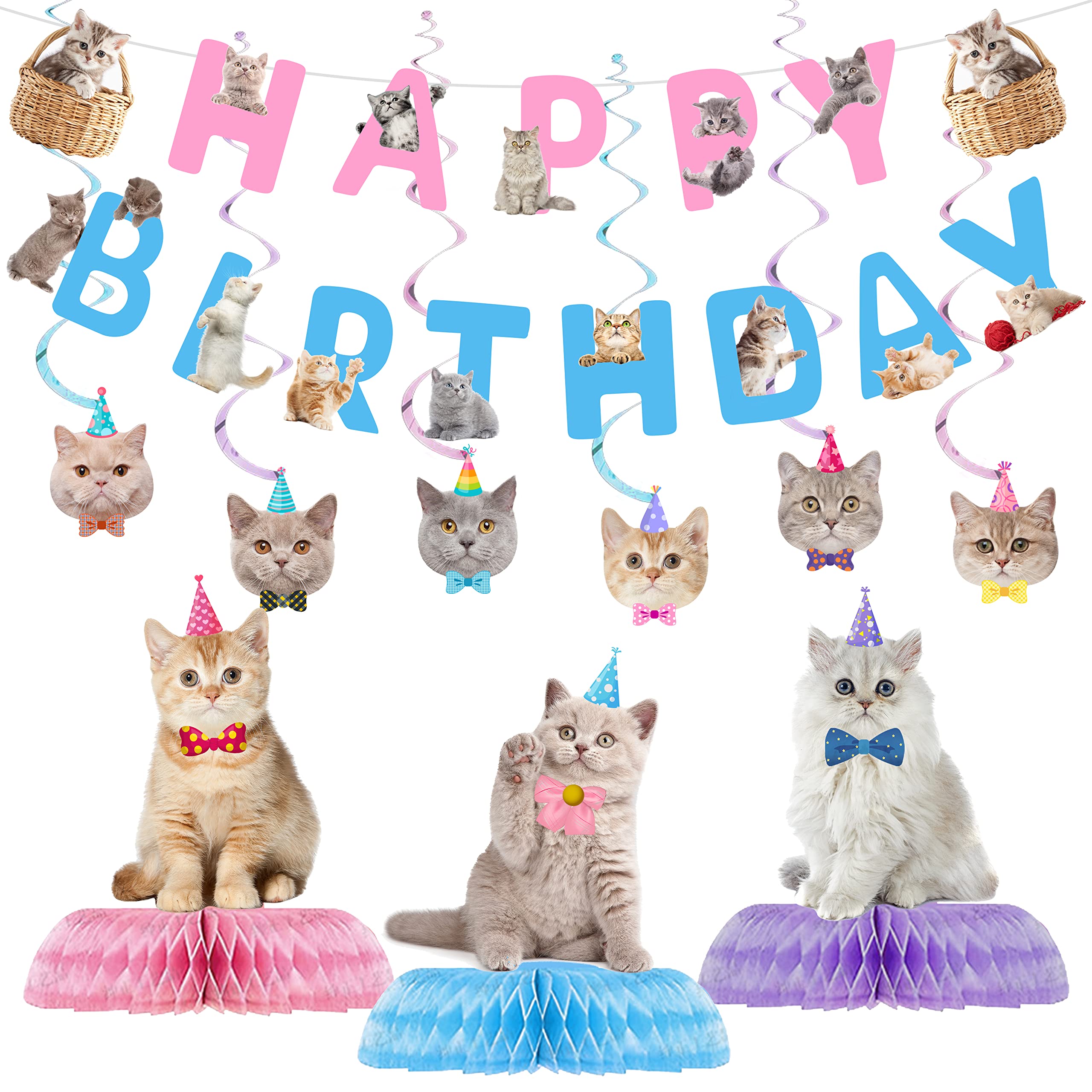 16 Pcs Cat Birthday Party Supplies Kit - Includes Happy Birthday Banner, Hanging Cutouts, Swirl Decorations & Honeycomb Centerpieces for Kitten Themed Parties | Perfect for Cat Lovers' Birthday Celebrations, Baby Showers & Pet Adoption Events