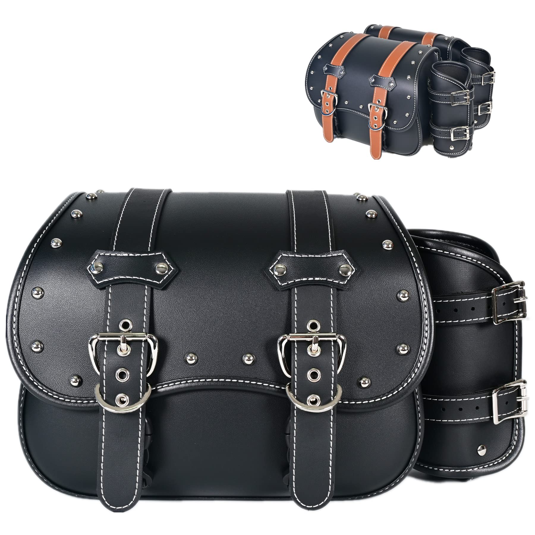Premium PVC Leather Motorcycle Saddlebags - Universal Throw Over Panniers with Cup Holder & Side Tool Storage | Waterproof Motorbike Side Bags (1 Pair, Brown Belt & Black) | Perfect for Long Rides, Commuting & Adventure Touring