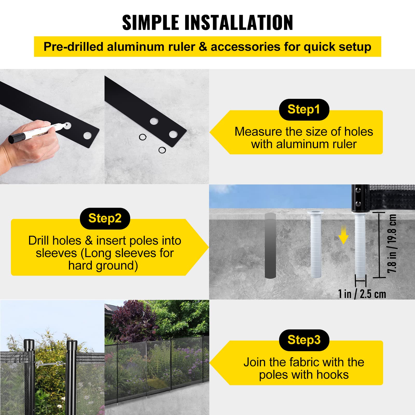 HappyBuy 4FT x 48FT Removable Mesh Pool Safety Fence - DIY Childproof Barrier for Inground Swimming Pools, Durable Black Mesh Fencing for Kids & Pet Protection - Perfect for Backyard, Garden & Vacation Home Safety