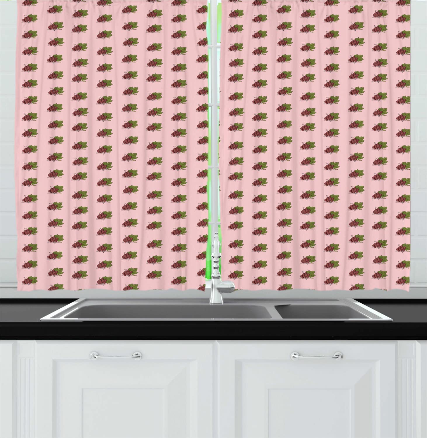 Ambesonne Hand Drawn Long Kitchen Curtains - Fruit Themed Grapes & Leaves Design on Pink Backdrop, 2 Panel Rod Pocket Drapes, 55x45 Inches, Dark Mauve & Green - Perfect for Farmhouse, Cottage, or Vintage Style Kitchen Decor