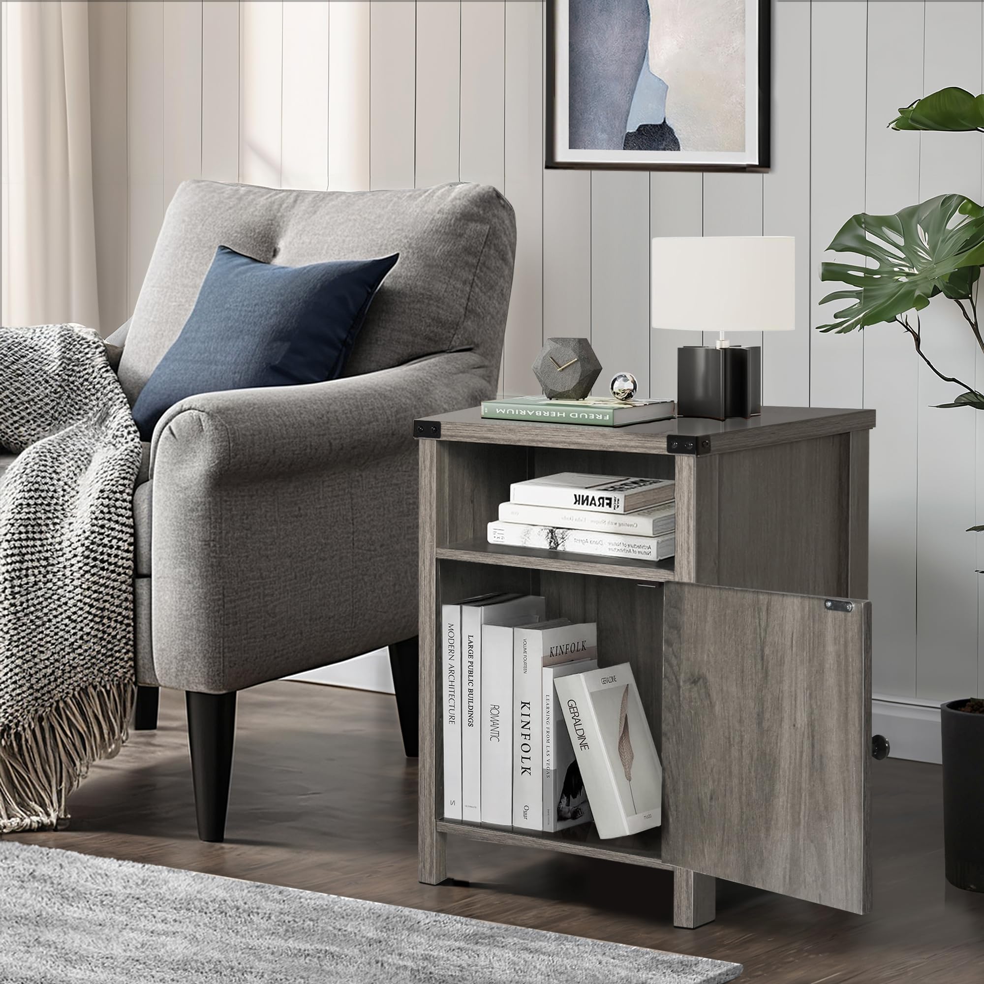 Rustic Gray Farmhouse Nightstand Set of 2 - Modern Barn Door End Table with Shelf for Bedroom & Living Room - Perfect for Small Spaces, Guest Rooms & Cozy Home Decor