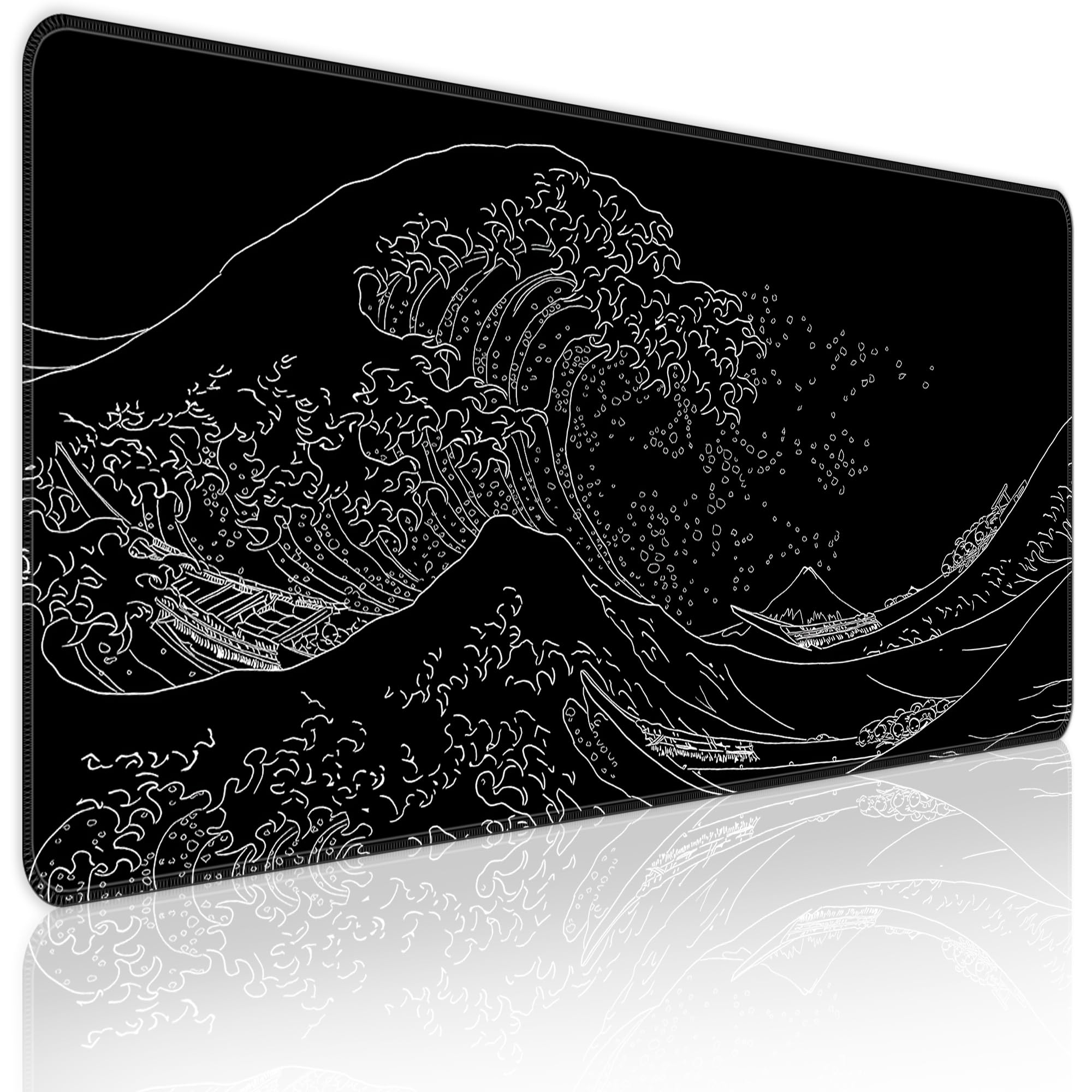 BZU Japanese Sea Wave Design Extended XL Gaming Mouse Pad - 31.5x11.8 Inch Large Desk Mat with 3mm Non-Slip Base & Stitched Edges for PC, Computer, Office & Home Use - Perfect for Gaming, Work & Productivity