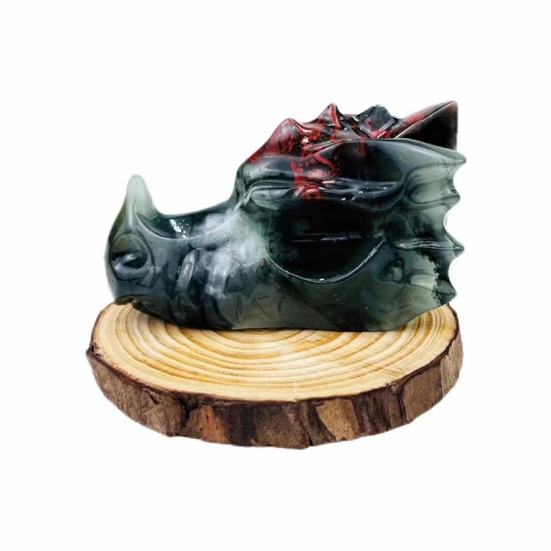 Hand-Carved Natural Crystal Dragon Skull Sculpture - Bloodstone Collectible Art Piece for Home Decor, Office Display & Unique Gift Idea