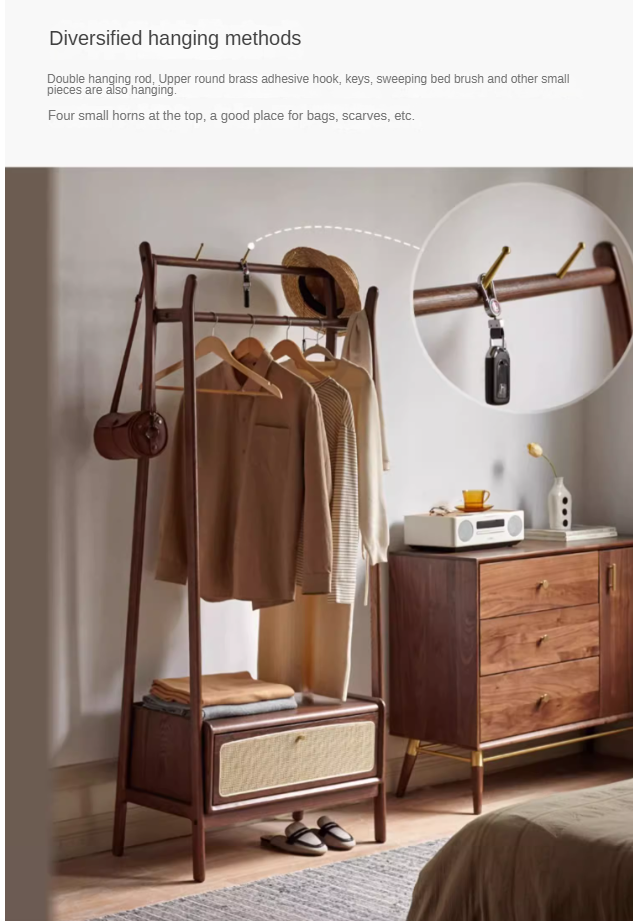 Oak Walnut Rattan Coat Hanger - Multi-Functional Wall Mounted Coat Rack for Jackets, Hats & Bags | Perfect for Entryway, Bedroom & Closet Organization