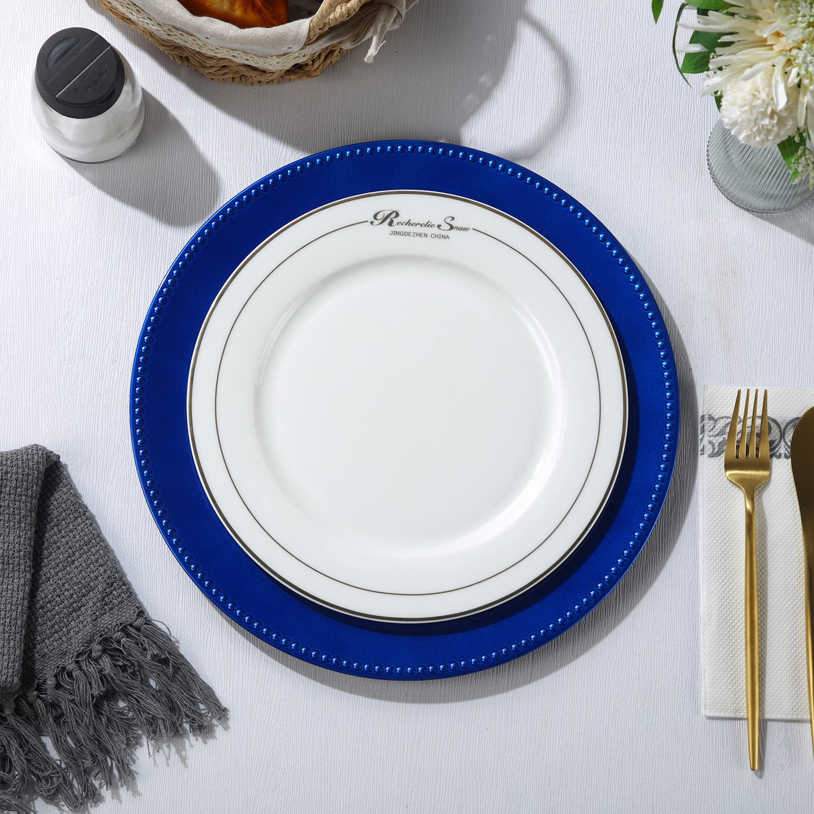 Gerrii 12-Pack 13-Inch Metallic Bead Charger Plates - Plastic Round Dinner Plates for Wedding, Party & Event Decor (Ocean Blue) | Elegant Table Setting for Formal Dinners, Bridal Showers & Holiday Celebrations