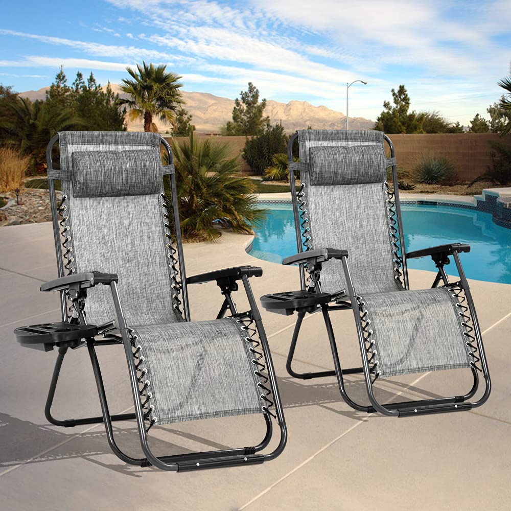 Zero Gravity Recliner Chair Set of 2 - Outdoor Lounge Chairs with Cup Holder & Tray, Adjustable Anti-Gravity Folding Chairs for Patio, Poolside, Beach, Deck, Camping & Backyard Relaxation (Grey) - Perfect for Sunbathing, Stargazing & Outdoor Lounging