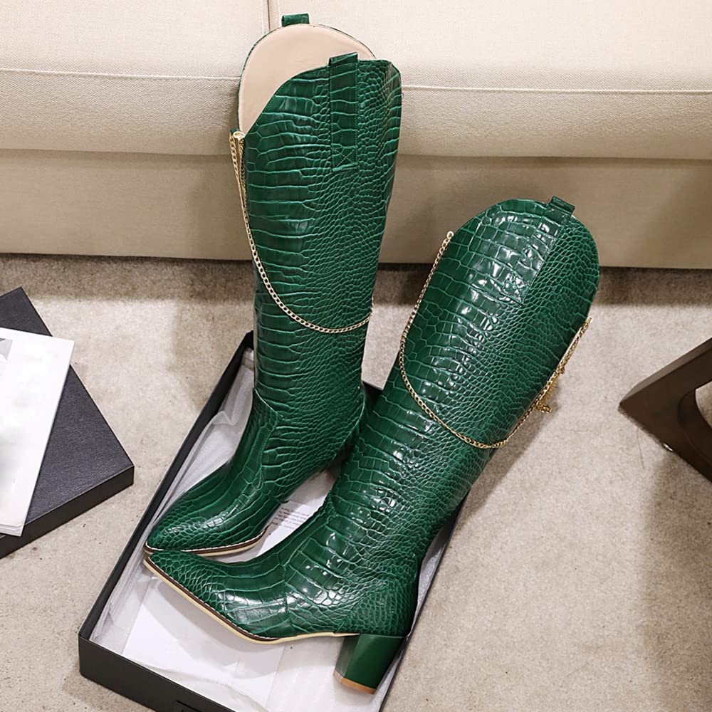 LEHOOR Women's Chunky Heel Knee High Western Boots - Wide Calf Pointed Toe Crocodile Cowboy Boots with Gold Chain, V-Cut Pull Up, 2