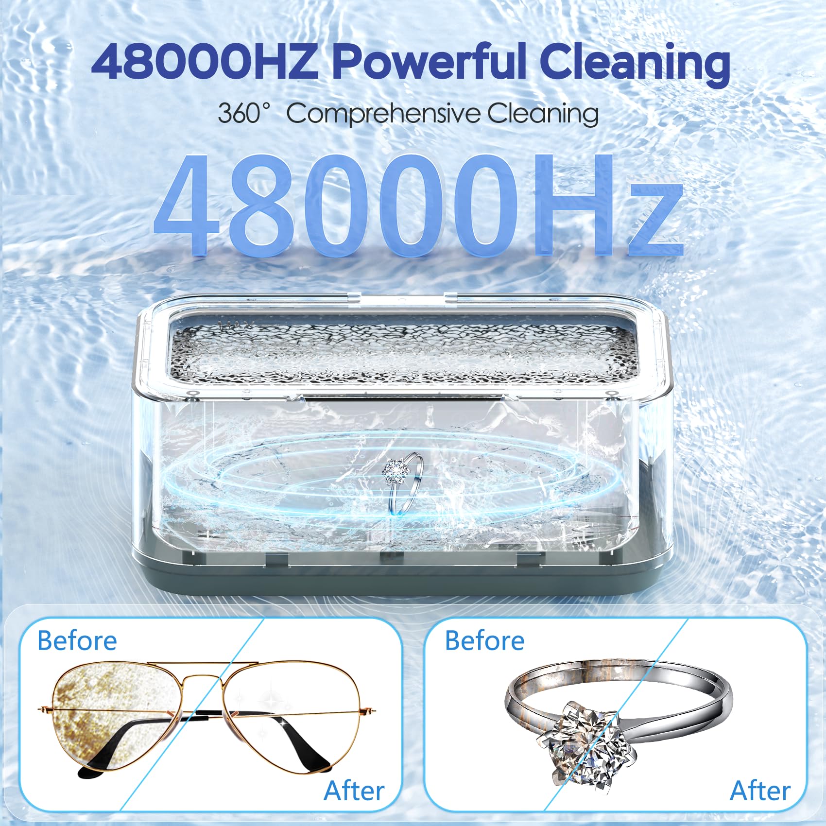 Professional Ultrasonic Jewelry Cleaner Machine - 48Khz Sonic Cleaner for Rings, Necklaces, Eyeglasses, Watches & Dentures - Digital Timer with 4 Modes, 304 Stainless Steel Tank (13.5oz) - Perfect for Home Jewelry Care, Watch Maintenance & Denture Cleaning