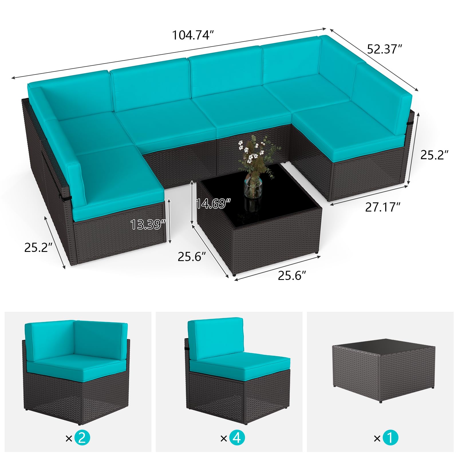 JSUN7 7-Piece Outdoor Patio Furniture Set - PE Rattan Sectional Sofa with Coffee Table & Cushions, Turquoise Wicker Garden Sofa Set for Backyard, Poolside & Balcony Relaxation