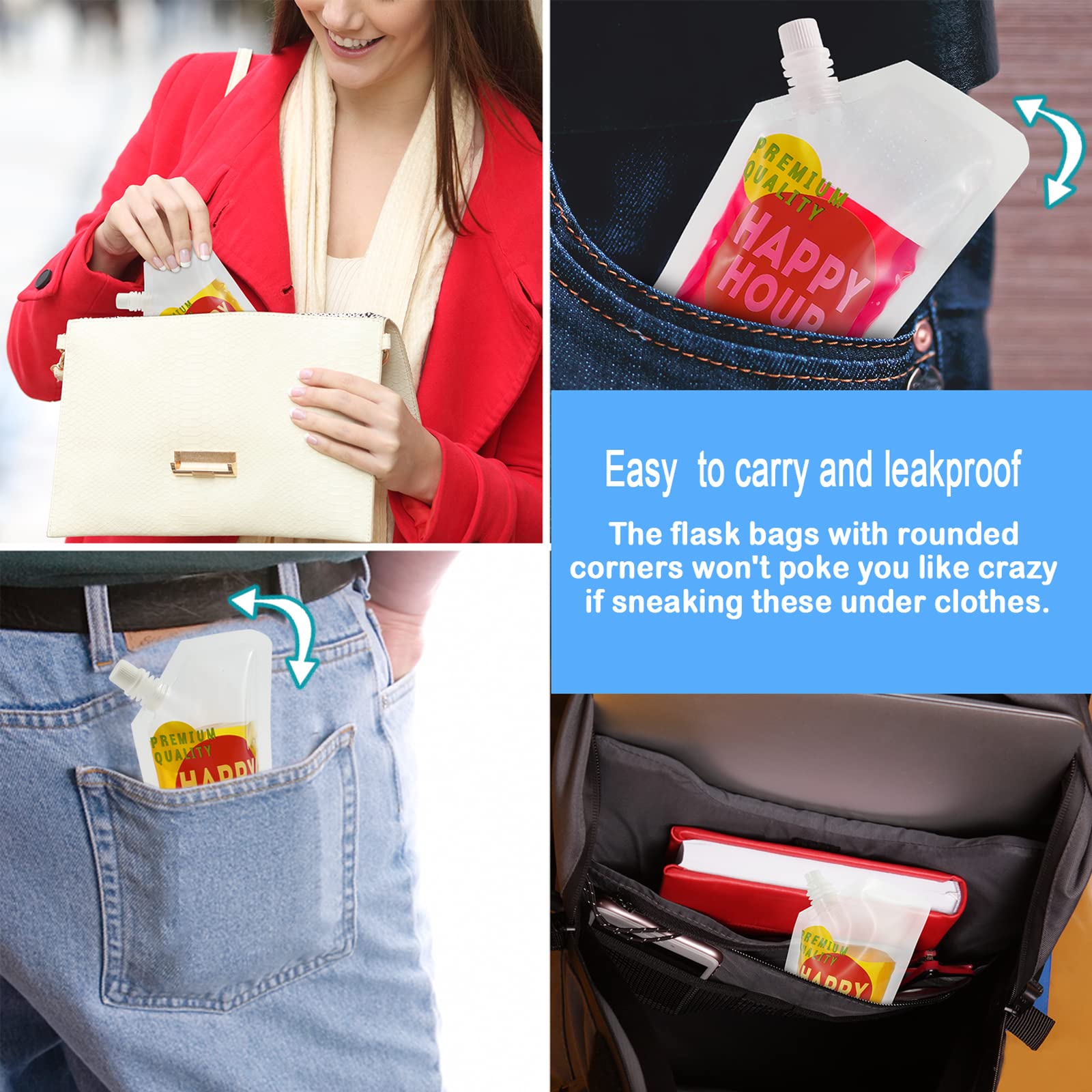 6 Pack Reusable Plastic Drink Pouches for Adults - 16 oz Leak-Proof Flask with Funnel - Perfect for Outdoor Sports, Camping & Travel Hydration