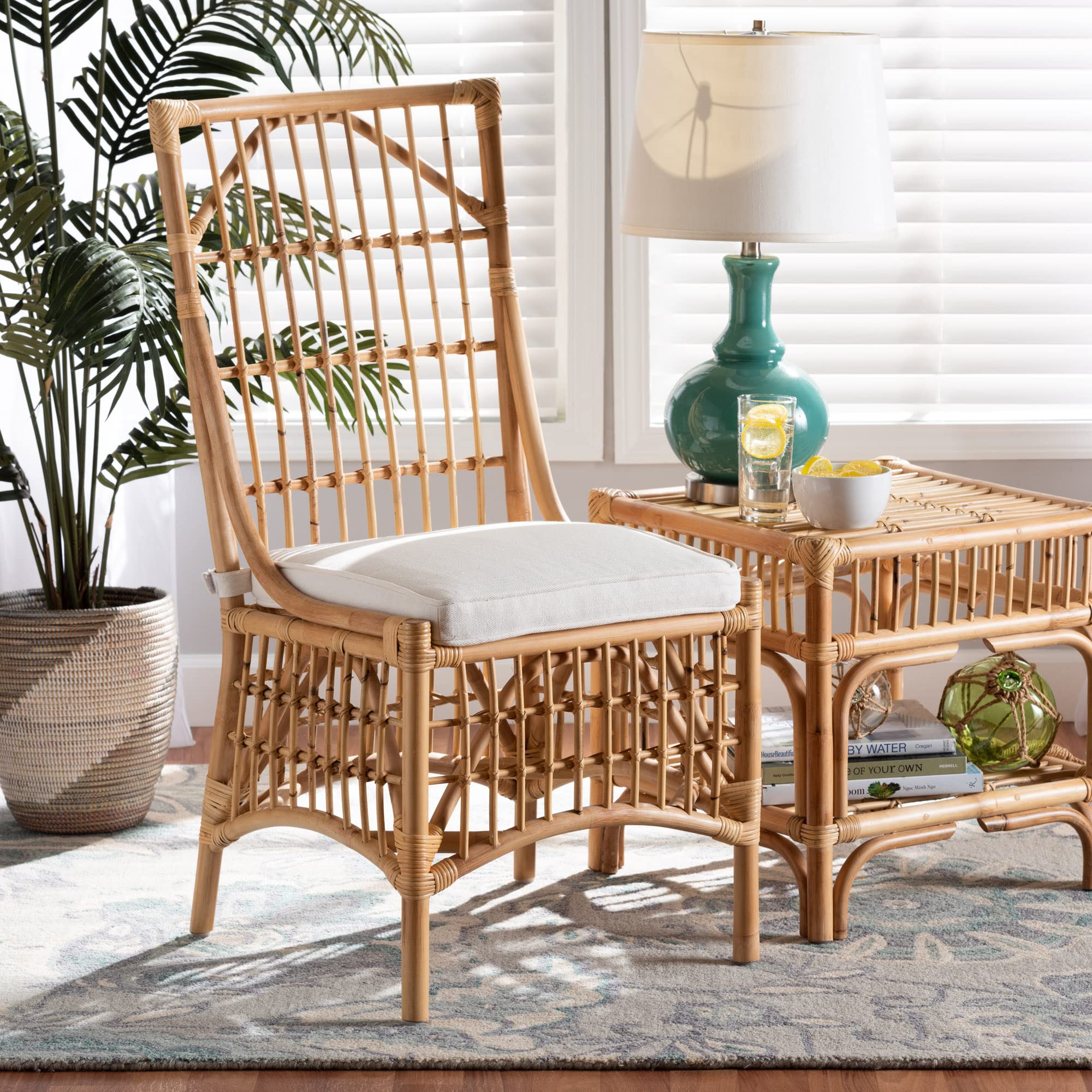 Baxton Studio Rose Dining Chair - White Fabric Upholstered with Natural Brown Rattan - Modern Farmhouse Dining Room Chair for Kitchen, Breakfast Nook, and Outdoor Patio