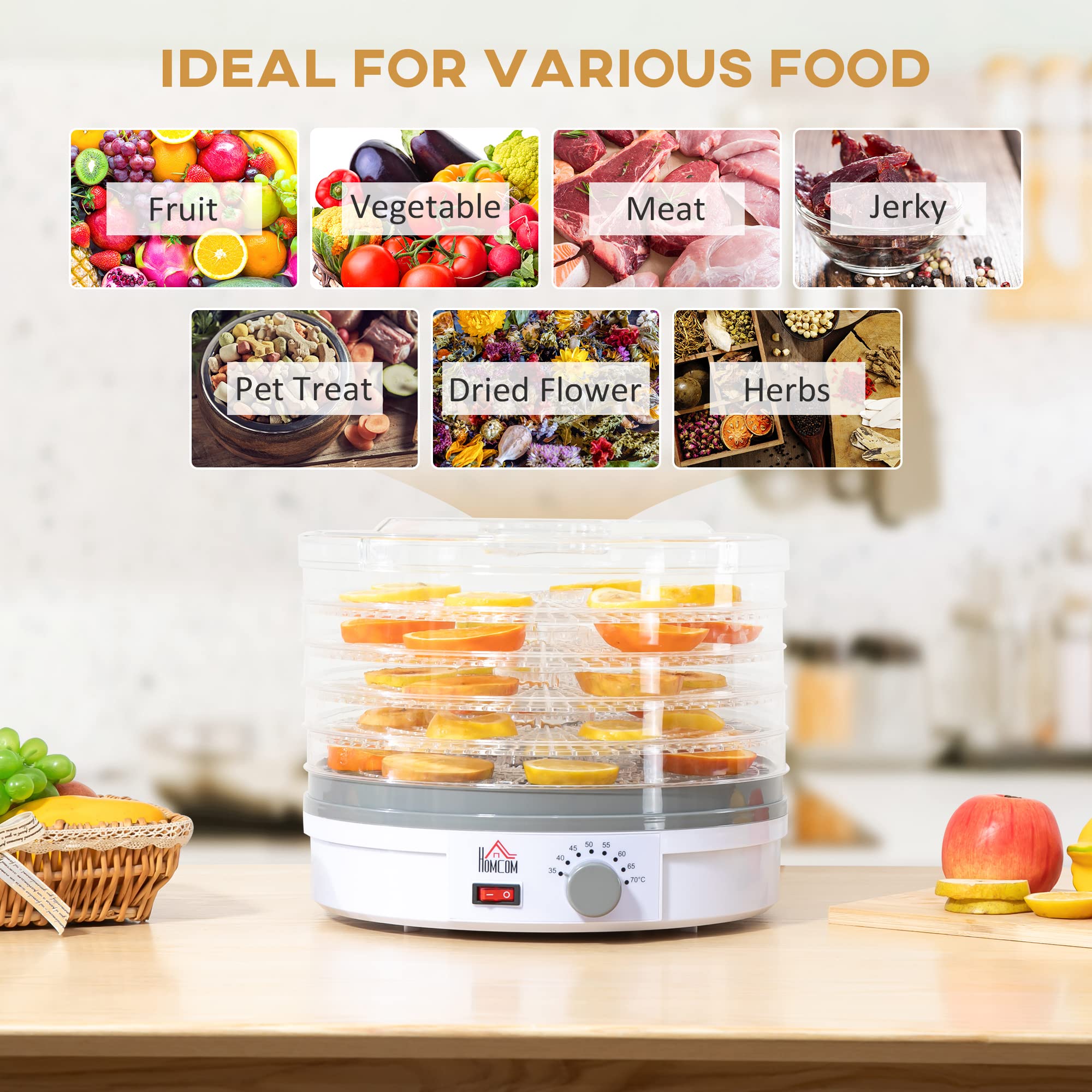 HOMCOM 5-Tier Food Dehydrator Machine - 245W Adjustable Temperature Control for Drying Fruits, Vegetables, Meat, Jerky & Pet Treats - White | Perfect for Home Kitchen, Camping & Healthy Snack Preparation