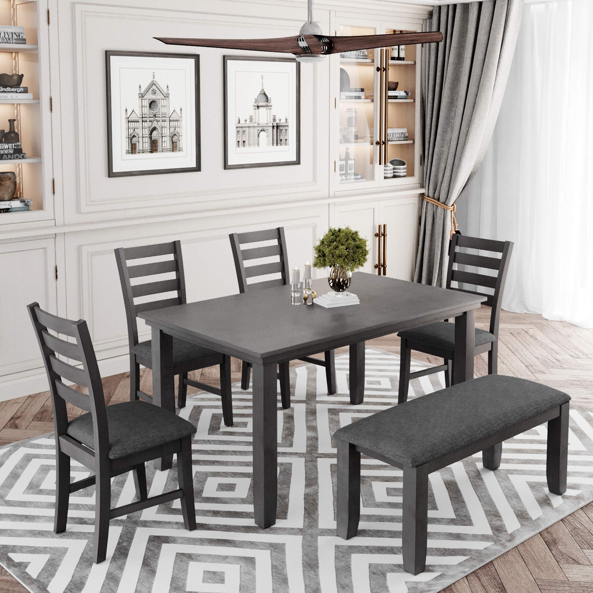 Knocbel 6-Piece Farmhouse Dining Set with Bench & Chairs - Distressed Gray Finish & Linen Padded Seats - Rustic Kitchen Table for Family Meals & Entertaining