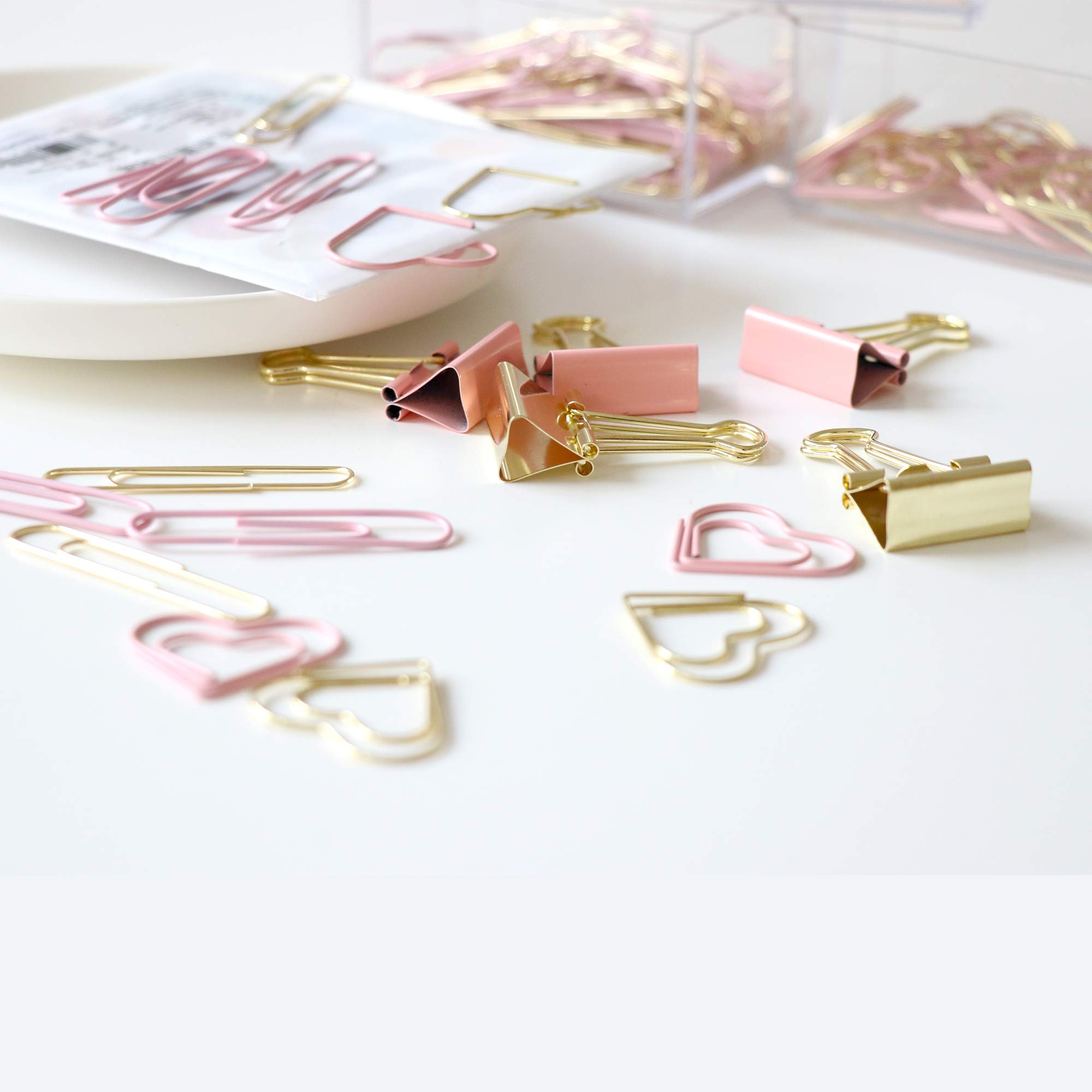 Gold & Pink Binder Clips and Paper Clips Set (3-in-1 Boxed) - 100pcs Office & School Supplies for Teachers, Students, Classroom Organization, Document Filing, Bulletin Board Displays & Craft Projects