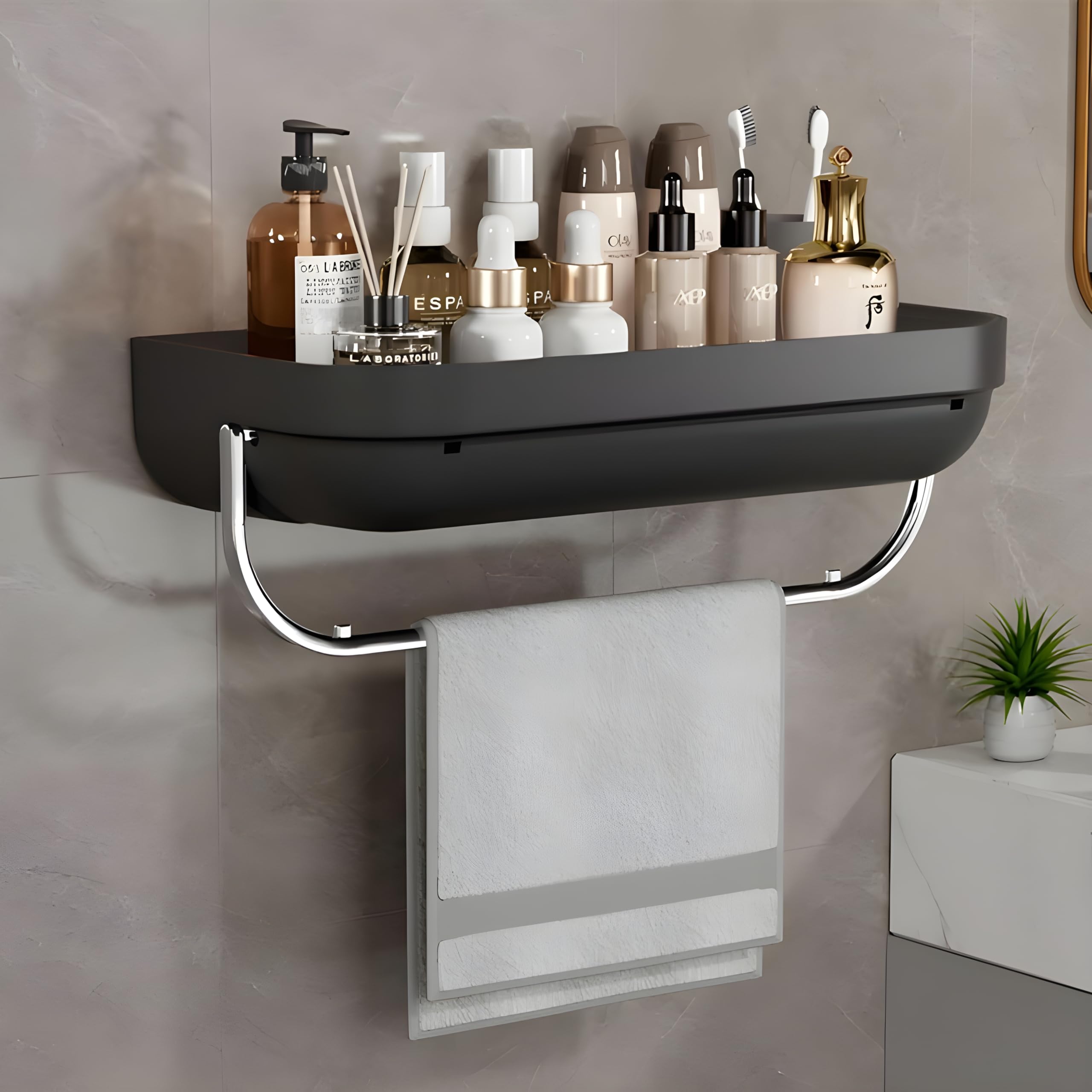 MorivaHomes Multipurpose Self-Adhesive ABS Plastic Bathroom Wall Shelf - Space Saving Storage Organizer, Towel Holder & Rack for Bathroom, Kitchen, Laundry Room (Black, Pack of 1) - Perfect for Small Spaces, Apartments & Dorm Organization