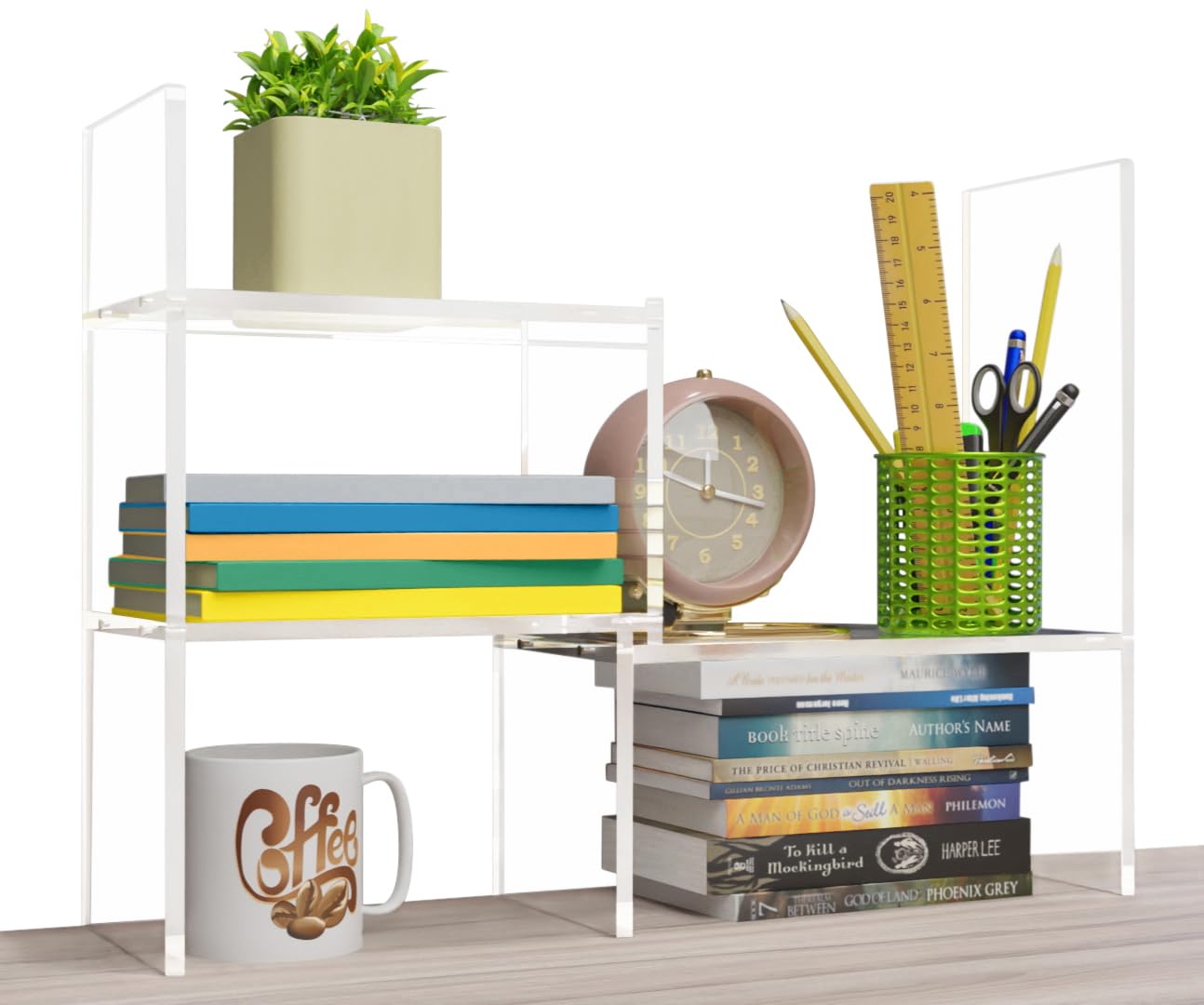 Adjustable Acrylic Desk Shelf Organizer - Clear Desktop Bookshelf for Office, Study & Home - Premium Tabletop Storage Solution for Books, Supplies & Decor