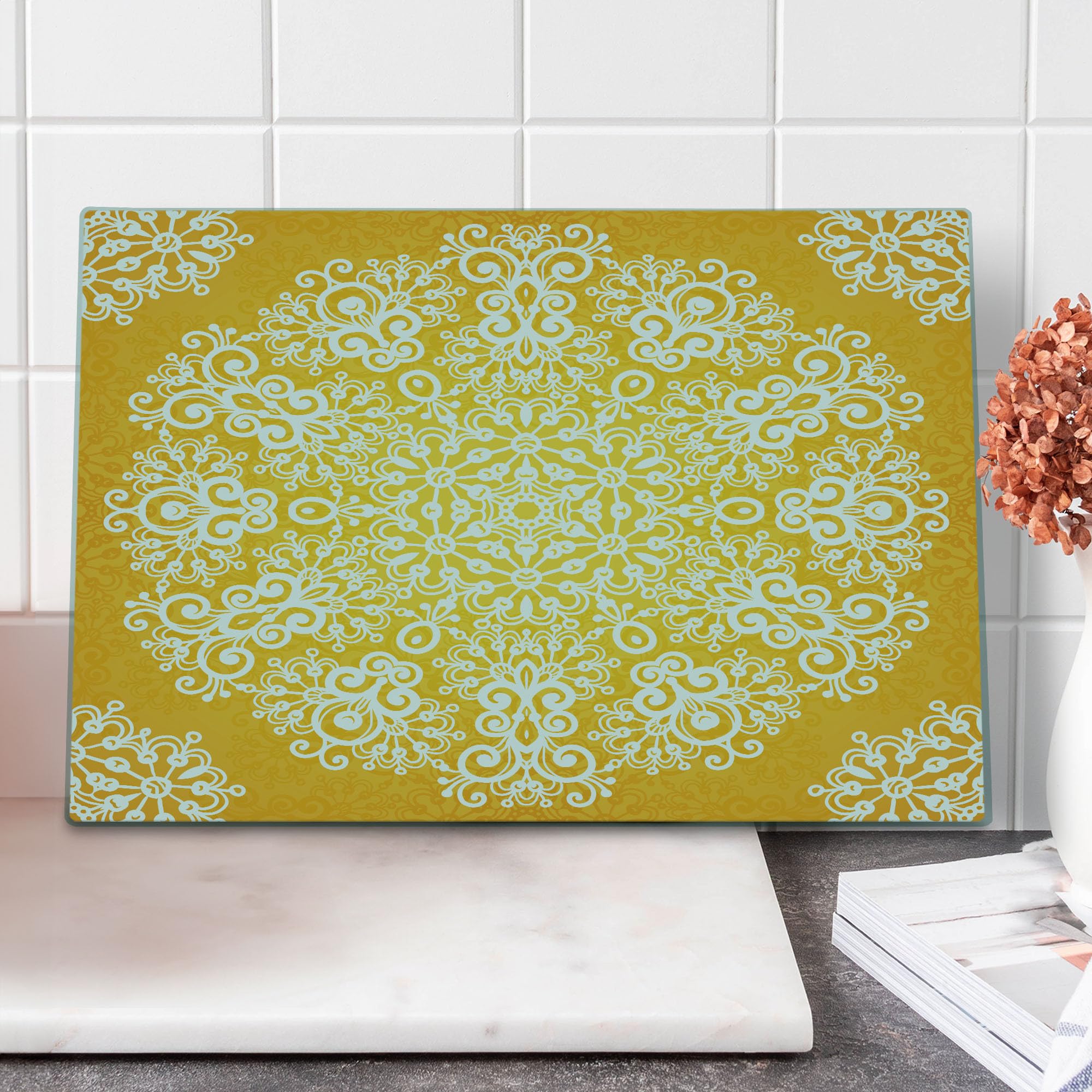 Ambesonne Yellow Glass Cutting Board - Floral Tribal Design for Kitchen & Serving