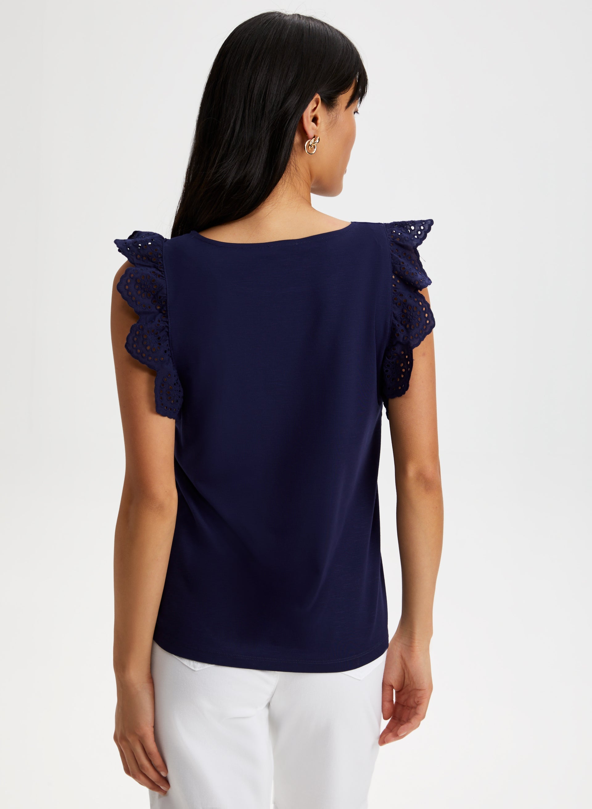 Eyelet Cap Sleeve T-Shirt for Women - Breathable Summer Top with Feminine Eyelet Detailing - Perfect for Casual Outings, Beach Days & Layering