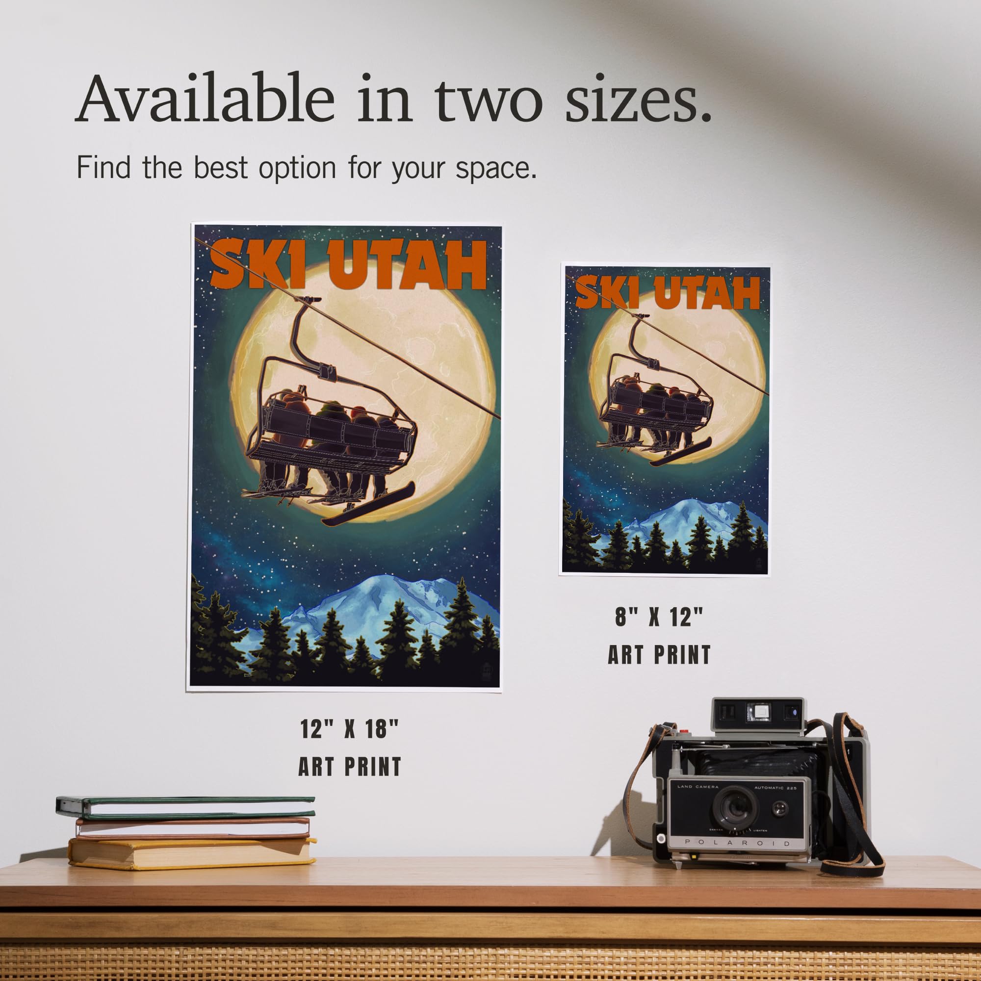Lantern Press 12x18 Inch Ski Utah Art Print - Mountain Ski Lift & Full Moon Wall Decor for Home, Office & Cabin | Winter Sports & Mountain Theme Decor