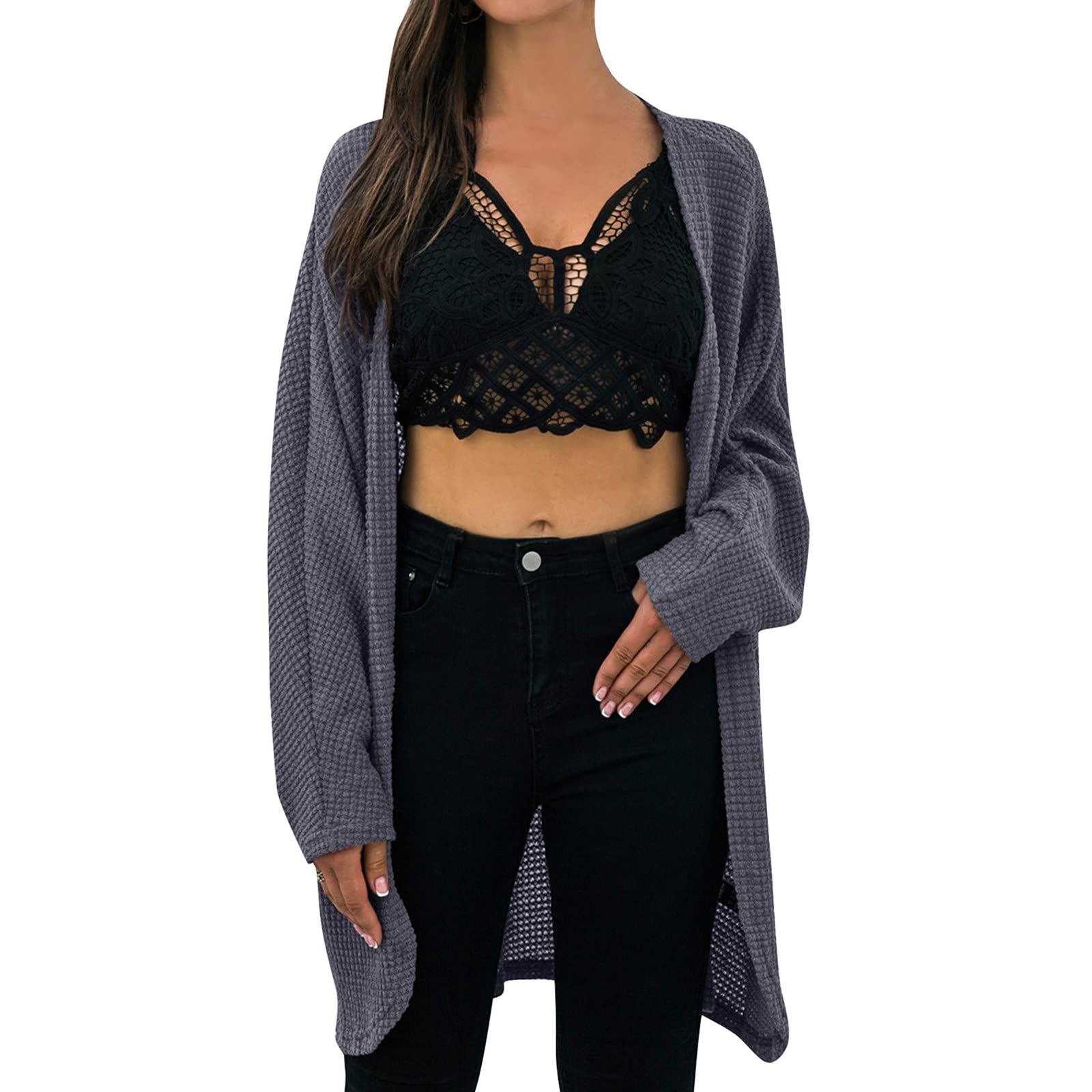 Women's Long Sleeve Waffle Knit Cardigan - Ribbed Open Front Solid Fall Sweater Coat for Casual Wear & Layering Outfits | Perfect for Office, Coffee Dates & Autumn Evenings