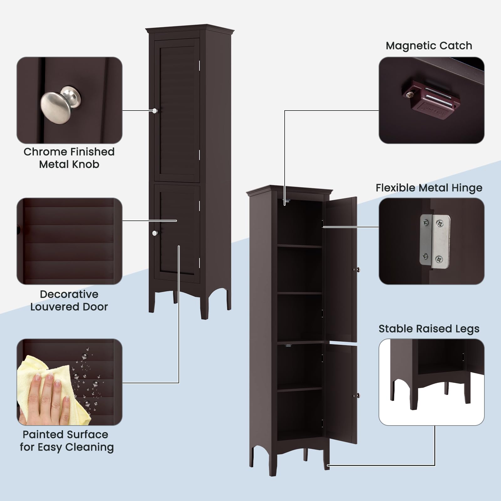Tall Narrow Bathroom Storage Cabinet with 3 Adjustable Shelves - 2 Door Freestanding Organizer with Anti-Tip Device for Bathroom, Living Room, Bedroom - Space Saving Home Organization Solution (Brown)