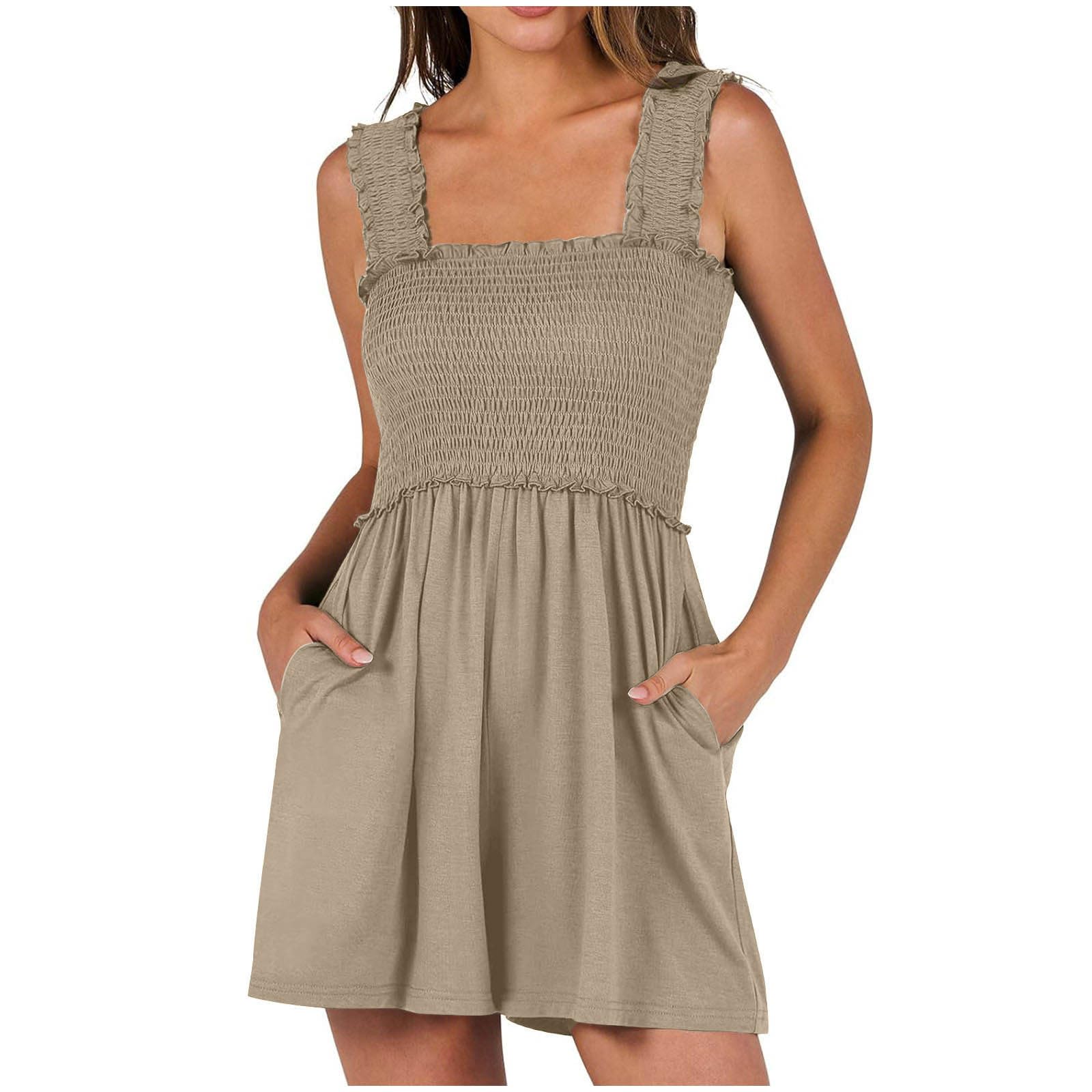 Trendy 2024 Women's Summer Shorts Rompers - Ruched Wide Strap Ruffle Jumpsuit with Pockets | Casual Vacation Outfit, Beach Travel Wear, Weekend Brunch Dress