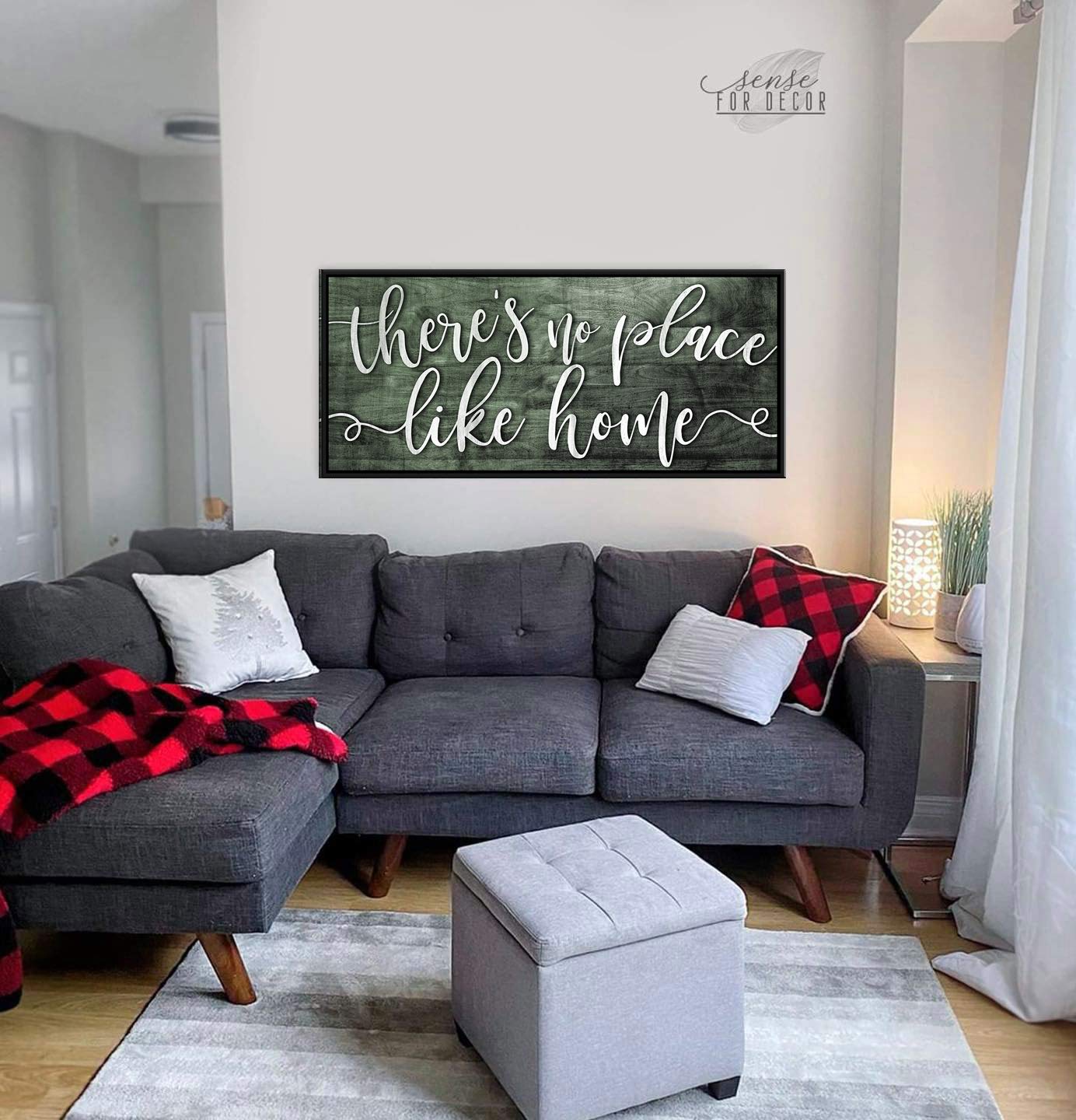 Artistic Home Wall Decor - 'There's No Place Like Home' Rustic Framed Print (60x27 Inch, Moss Green & Black) - Perfect for Living Room, Housewarming Gifts & Farmhouse Style Interior Design