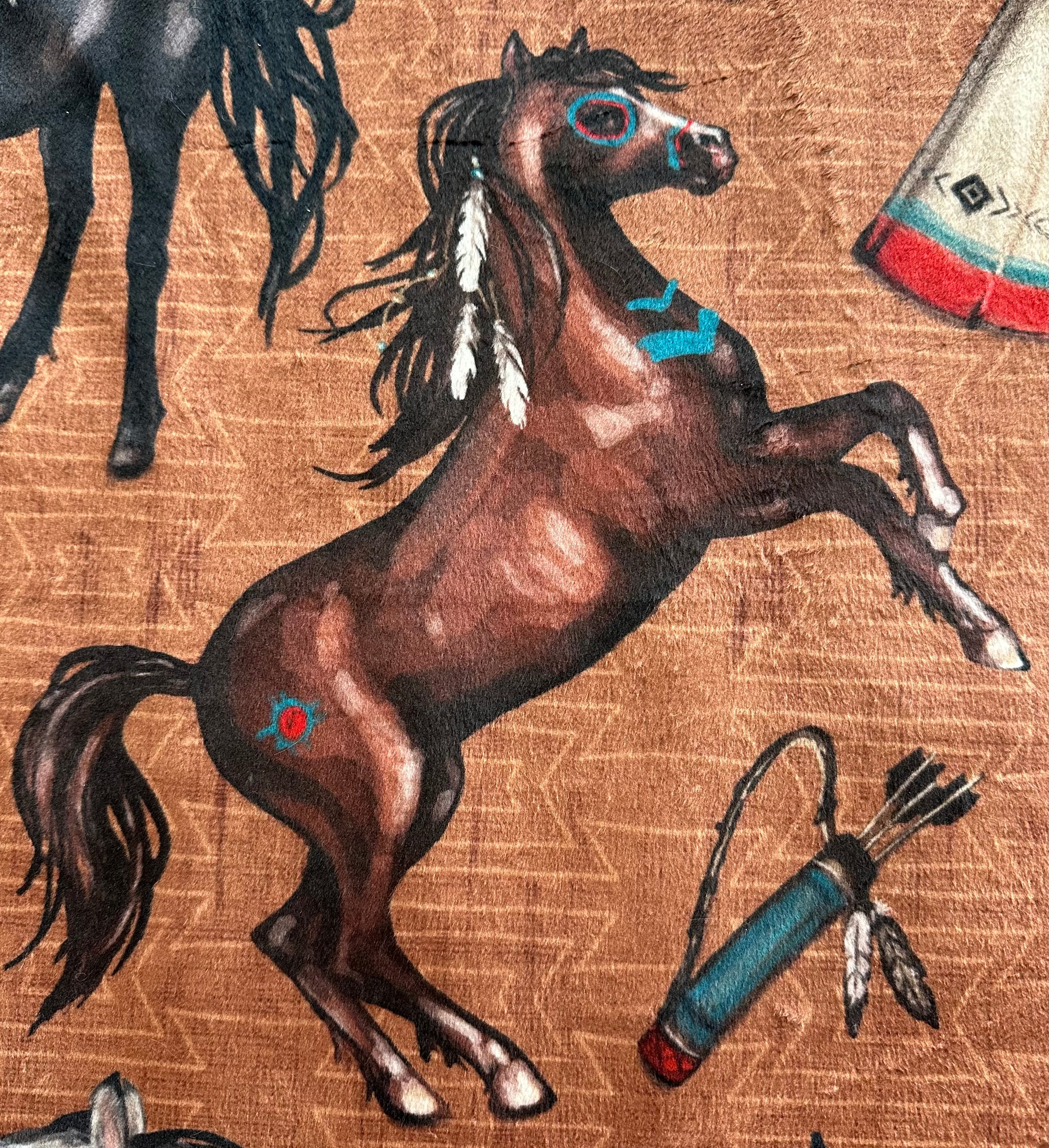 Premium Native American Horses Design Silver Fox Large 54x79 Inch Minky Blanket (Brown) - Ultra Soft & Cozy for Bedroom, Living Room, or Gift Giving - Spoonflower High Quality Fabric