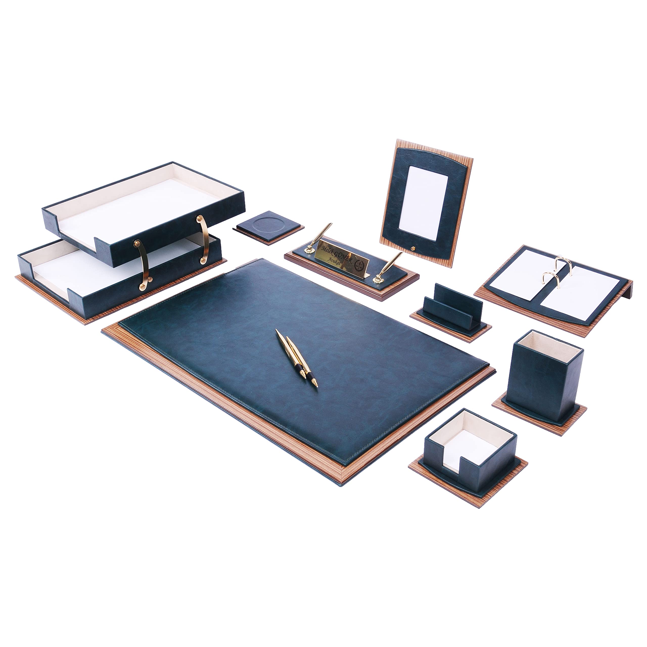 Premium Leather & Wood Desk Organizer Set - 11-Piece Luxury Office Desk Accessories with Double Tray, Desk Supplies for Home & Office (Green) | Perfect for Executive Desks, Home Offices & Workspace Organization