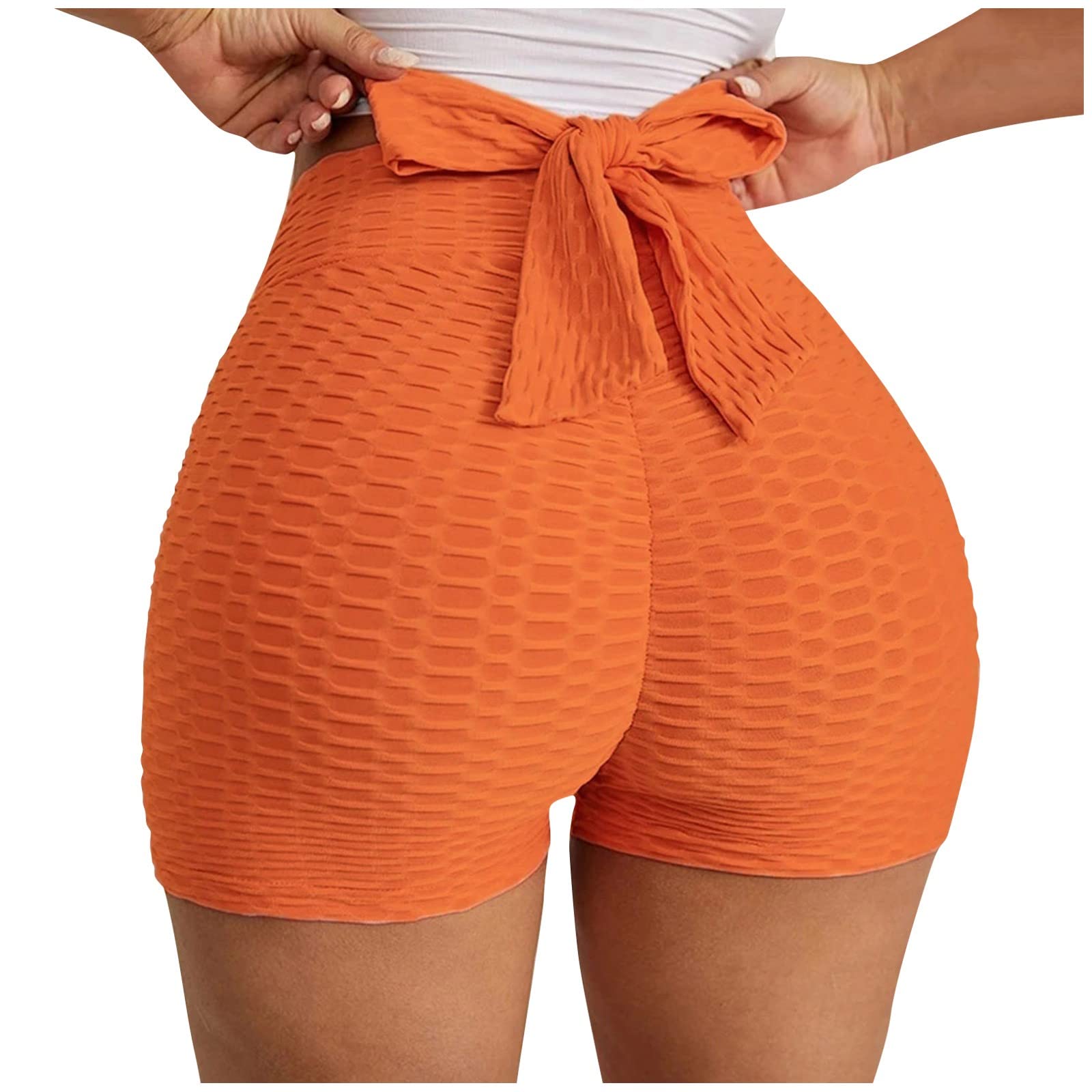 SGASY Women's Butt Lifting Yoga Shorts - High Waist Tummy Control Workout Shorts with Bow Tie Design for Gym, Running & Beach | Textured Fabric for Comfort & Style