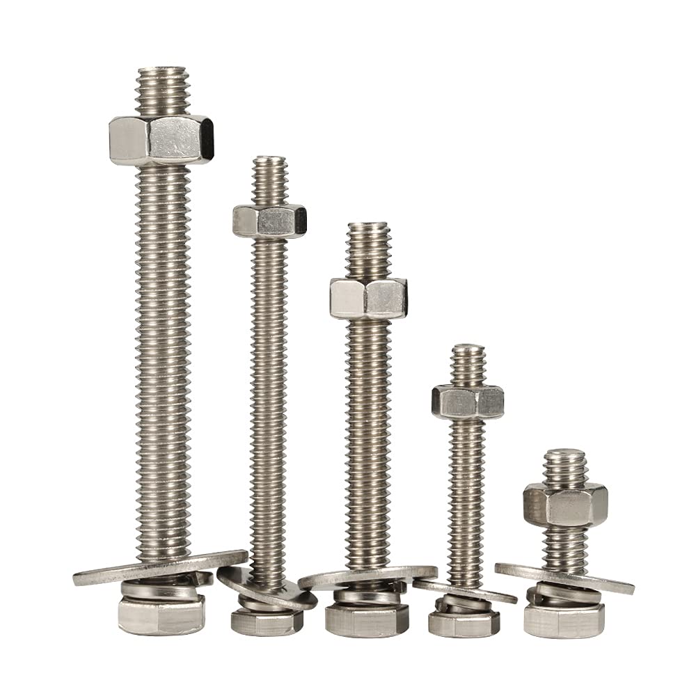 18-8 Stainless Steel Hex Head Bolts with Nuts & Washers - 8 Sets for DIY & Construction