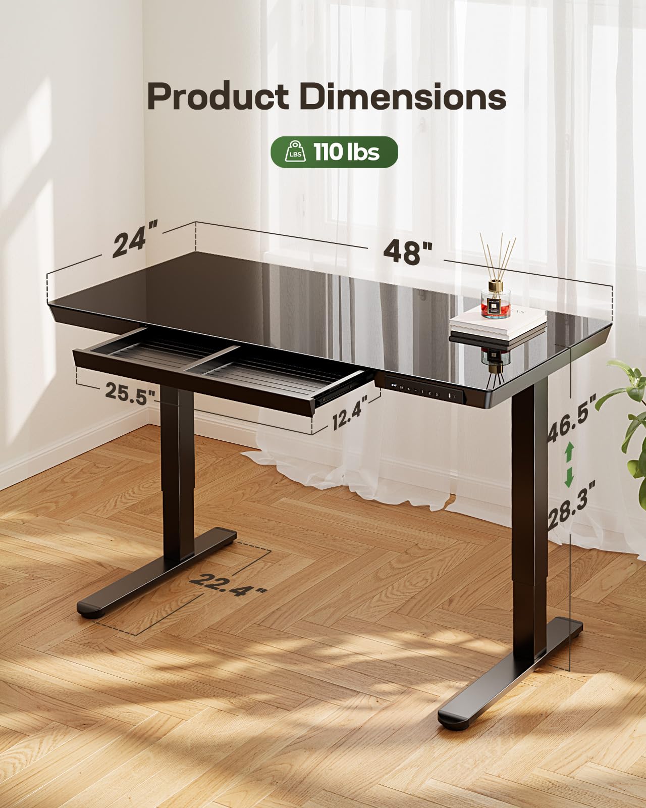 Marsail 48 x 24 Inch Electric Height Adjustable Standing Desk with Drawer Storage | One-Piece Tabletop & USB Charging Ports | Black Sit Stand Desk for Home Office & Gaming Workspace