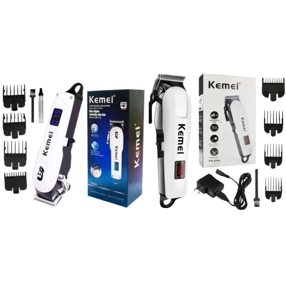 KEMEI 809 Men's Professional Hair Trimmer Combo - KM-232 & KM-809A with 240Min Runtime, 4 Length Settings (White/Black) - Perfect for Home Grooming, Beard Trimming, and Travel Use