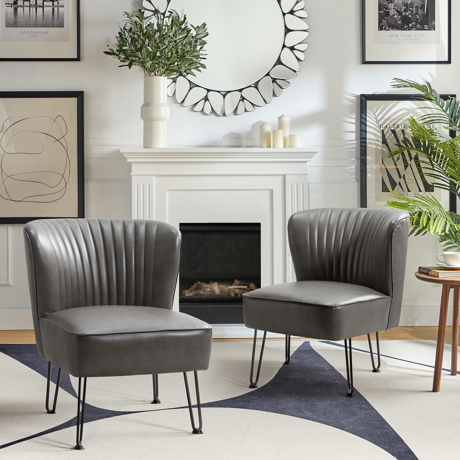 Premium Faux Leather Accent Chairs Set of 2 with Sturdy Metal Base - Mid Century Modern Living Room Armless Side Chairs - Comfortable Upholstered Grey Chairs for Bedroom, Office & Lounge Decor