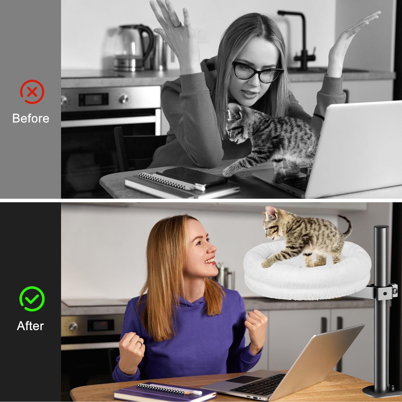 360° Rotating Adjustable Height Cat Desk Bed - Soft Comfortable Cat Perch Supports Up to 50 lbs, Round Cat Hammock for Office & Home Workspace (White) - Perfect for Napping While You Work