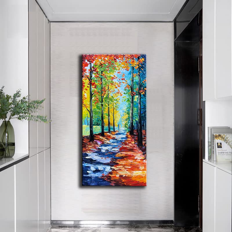 JELRINR Hand-Painted Autumn Landscape Oil Painting on Canvas - 24x48 Inch Contemporary Palette Knife Texture Artwork - Perfect for Living Room, Office & Wall Decor - Acrylic Home Art for Cozy Fall Ambiance